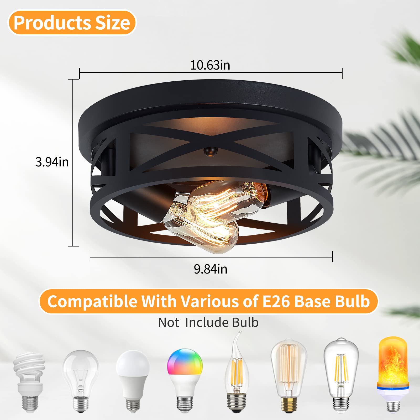 2 Pack Black Flush Mount Ceiling Light Fixtures - Industrial Farmhouse Metal Cage Lighting - E26 Base (10.63in) - Perfect for Kitchen, Entryway, Hallway, Bedroom & Dining Room Lighting