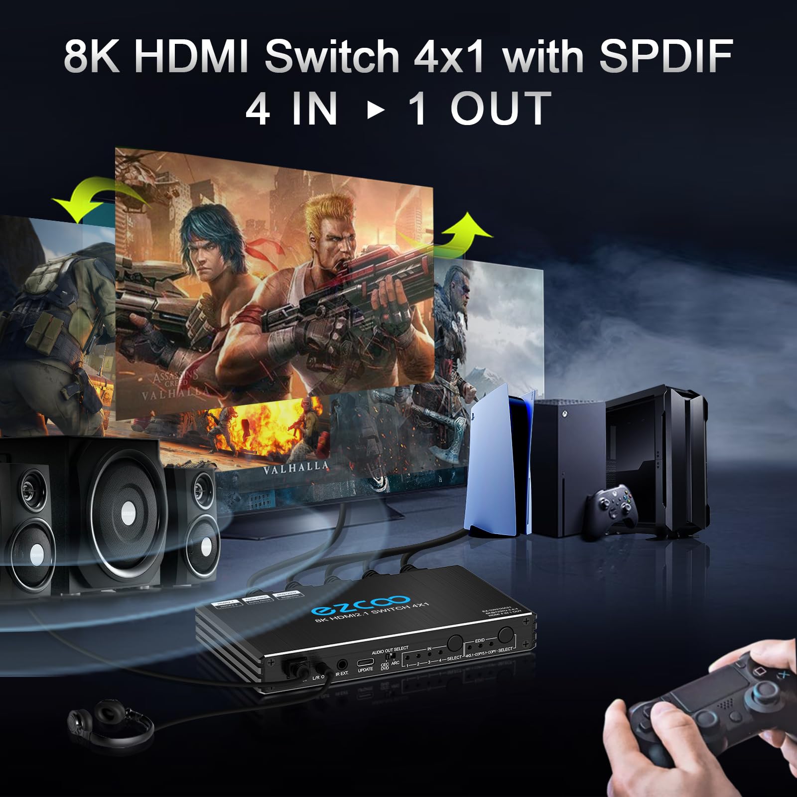 4K@120Hz HDMI 2.1 Switch 4 in 1 Out with Audio Extractor & IR Remote - HDCP 2.3, ARC, CEC, VRR, ALLM - Supports HDR10, 3D, Dolby Atmos - Compatible with TV, PS5, Xbox, Fire Stick, Blu-ray, Projector for Home Theater & Gaming Setup