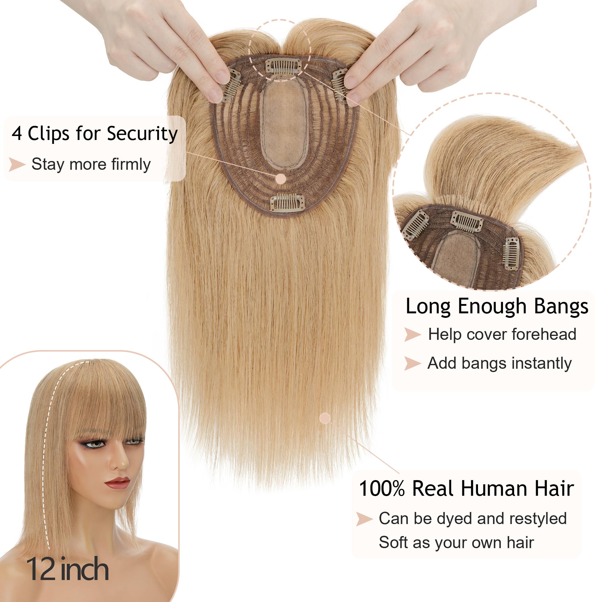 Premium Human Hair Toppers for Women with Bangs – 13x15cm Silk Base, 150% Density Clip-In Hairpiece for Thinning Hair – 14