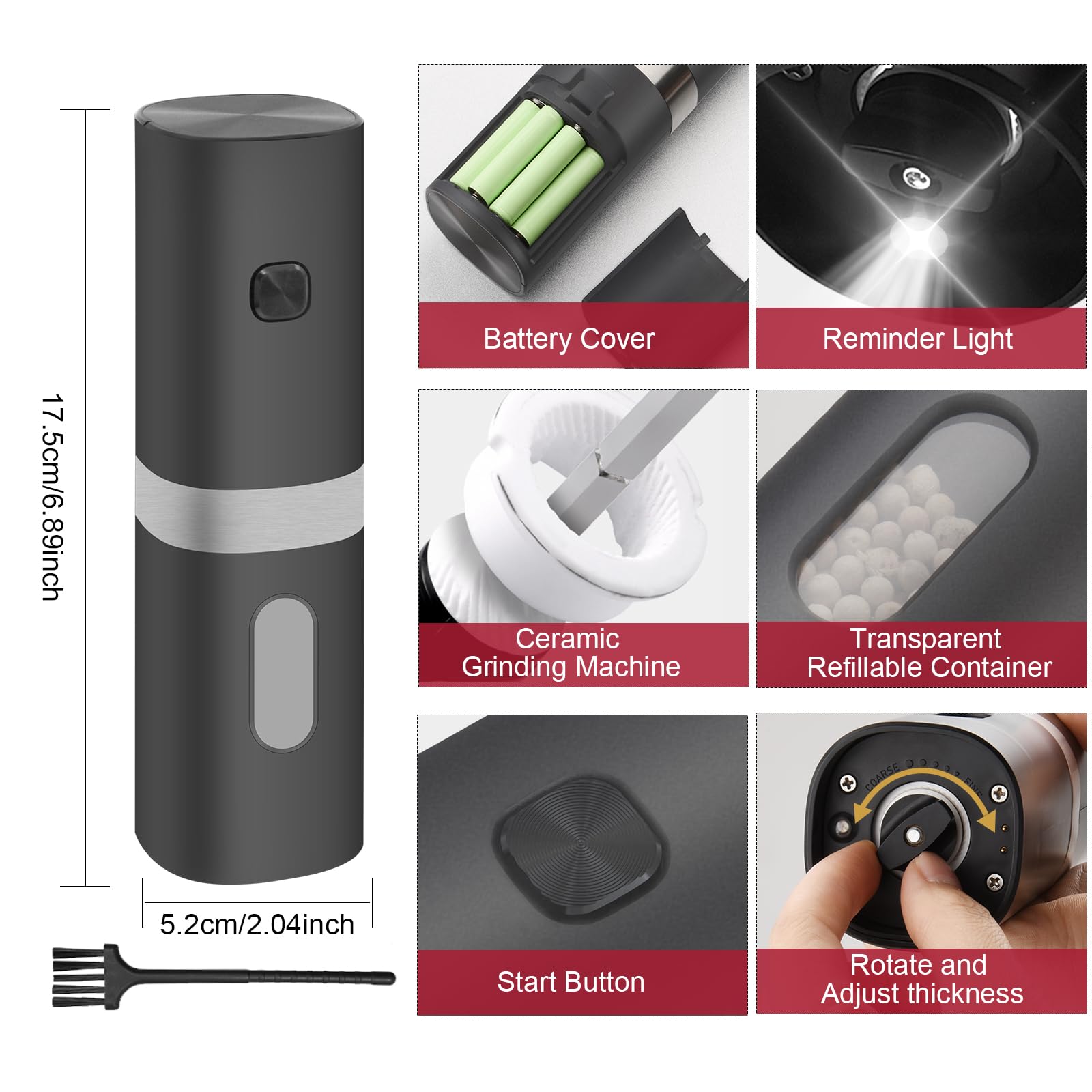 Premium Electric Pepper Grinder & Salt Mill 2-Pack - Battery Operated Automatic Spice Grinder with Adjustable 5-Level Coarseness, LED Light & One-Hand Operation - Perfect for Kitchen, Dining Table & Outdoor Cooking (Batteries Not Included)