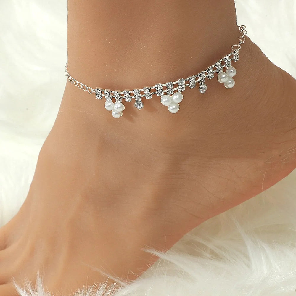 Sparkling Rhinestone Heart Pearl Anklet Chain Bracelet for Women - Elegant Adjustable Ankle Bracelet Jewelry Gift | Perfect for Weddings, Beach Parties & Summer Fashion (Style X2103)