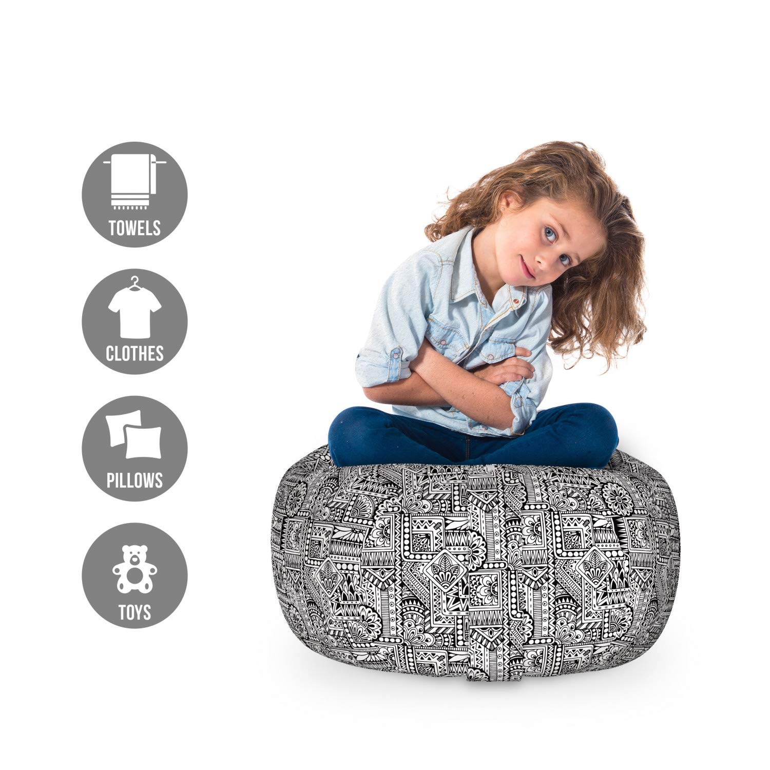 Ambesonne Hipster Storage Toy Bag Chair - Geometric Leaf & Dot Pattern, Washable Stuffed Animal Organizer, Small Size Black & White - Perfect for Kids' Room, Nursery or Playroom Storage