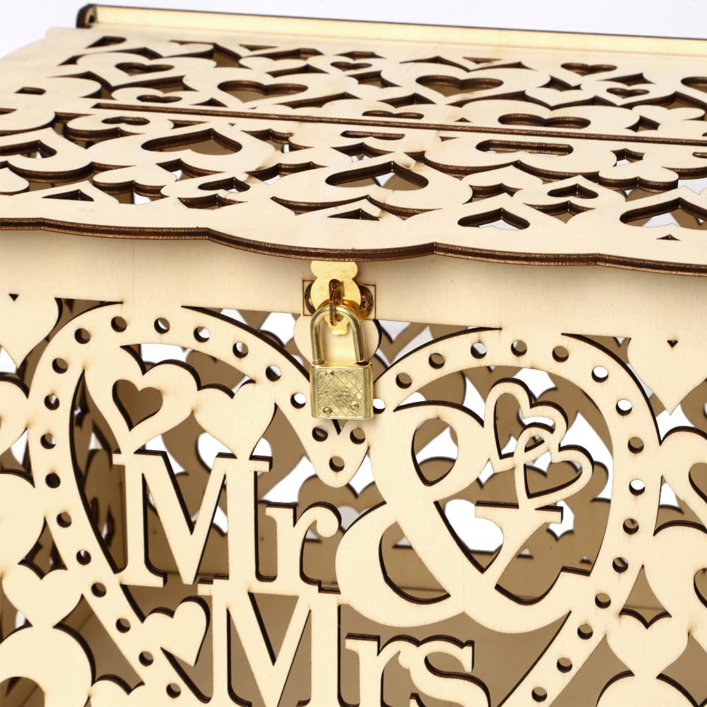 Alnicov Wooden Wedding Card Box with Lock Slot - DIY Money Gift Box for Wedding, Anniversary, Birthday & Graduation Parties - Large Size Mr & Mrs Decorative Keepsake - Perfect for Reception Decor & Cash Gift Collection