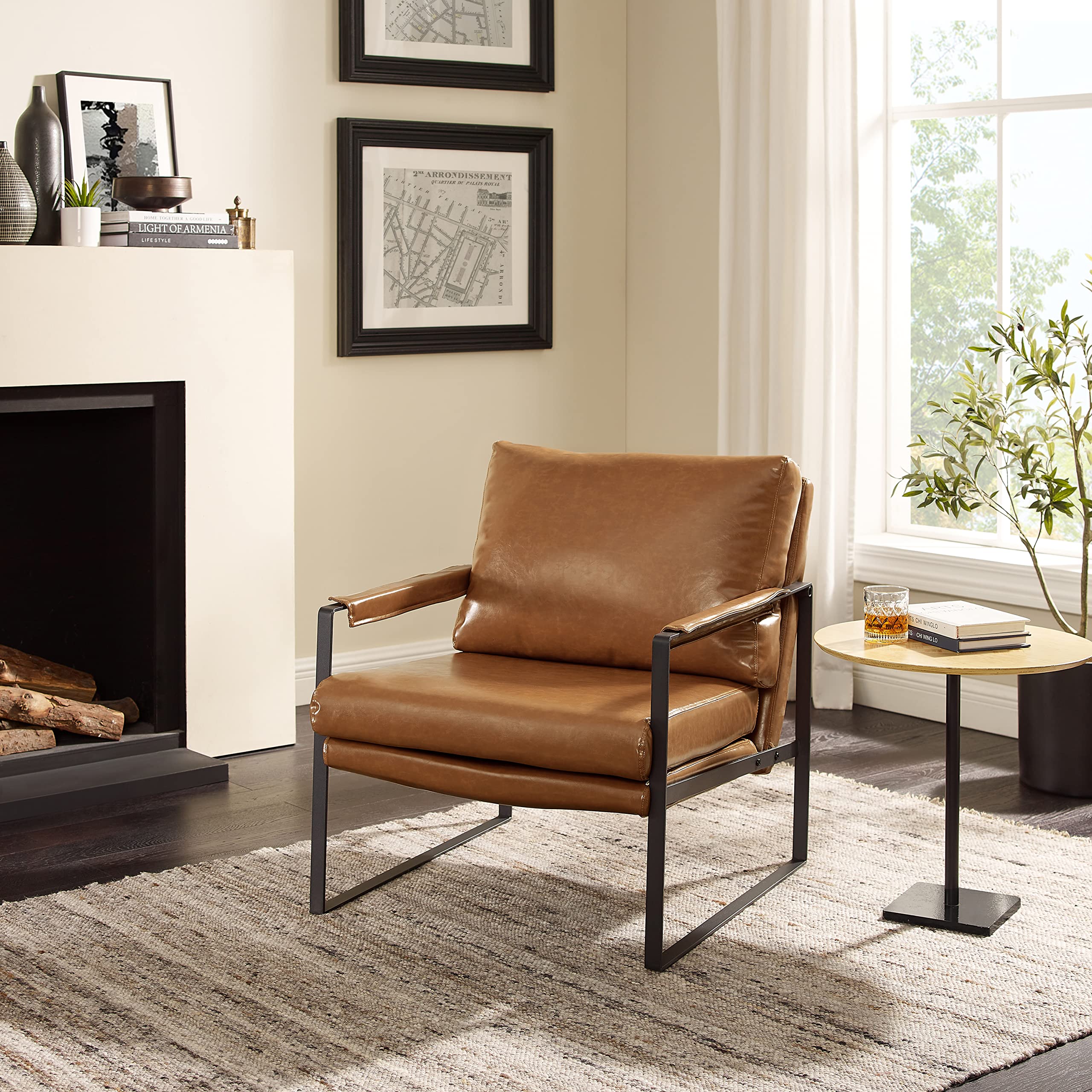 Art Leon Mid Century Modern Accent Chair - Faux Leather Lounge Armchair with Black Metal Legs, Compact Single Seater for Living Room, Bedroom & Small Spaces (Brown) - Perfect for Reading Nooks, Home Offices & Cozy Corners