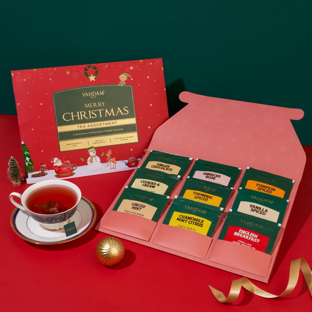 VAHDAM Merry Christmas Tea Gift Set - 9 Individually Wrapped Tea Bags (Limited Edition, Gluten Free, Non-GMO) | Perfect Holiday Gift for Women & Men | Ideal for Office Parties, Family Gatherings & Cozy Winter Evenings