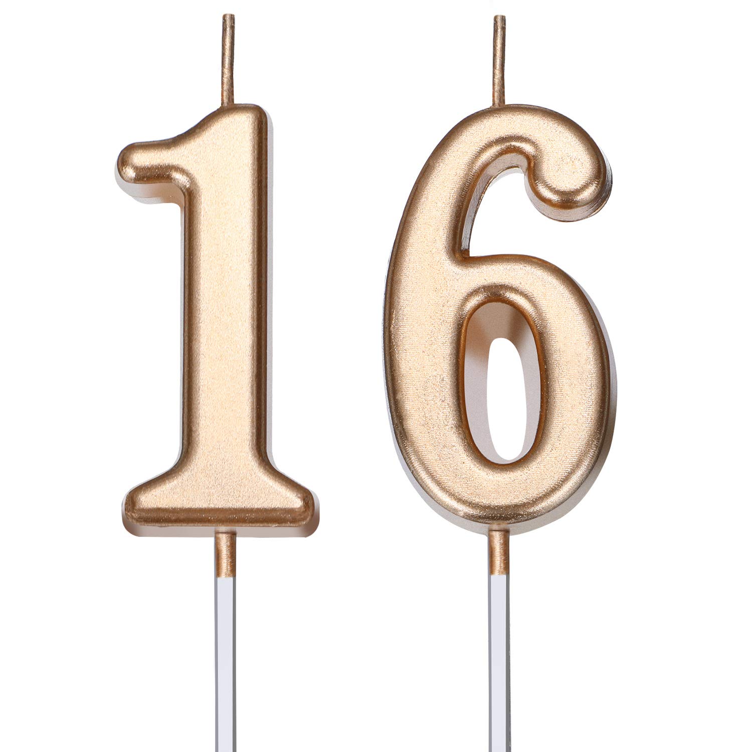 16th Birthday Candles - Gold Number Cake Toppers for Sweet 16 Party, Wedding & Anniversary Celebrations - 3.54 Inch Champagne Gold Cake Decorations (Perfect for Birthday Cakes, Cupcakes & Dessert Tables)