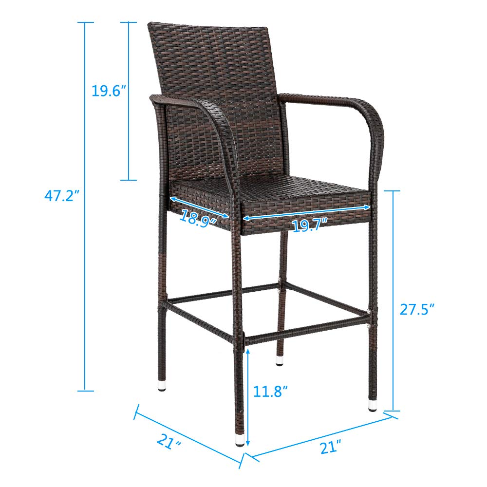VINGLI Set of 2 Outdoor Wicker Bar Stools - Patio Bar Height Chairs for Garden, Pool, Lawn & Backyard - Perfect for Outdoor Dining, Entertaining & Relaxing by the Pool