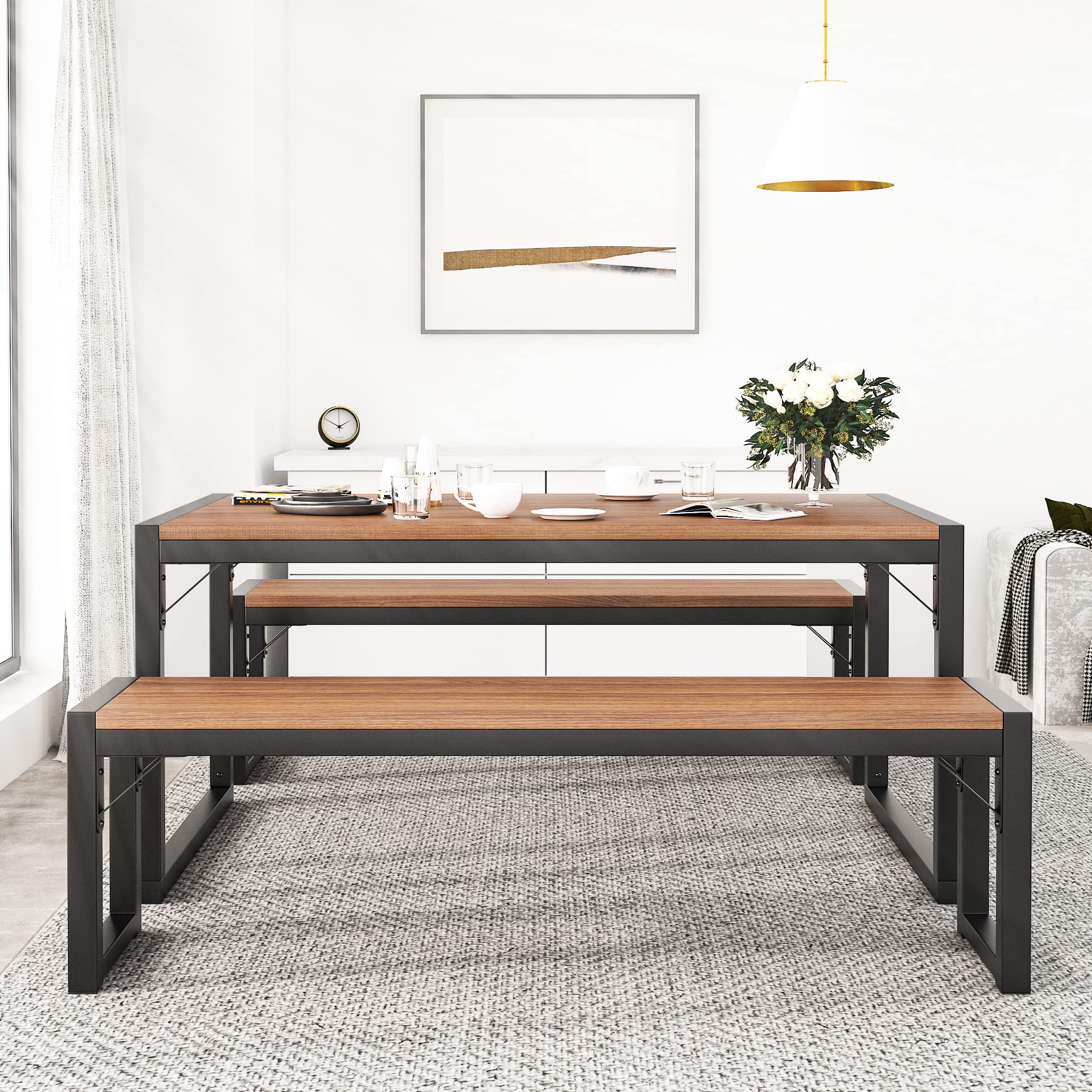 Ikalido Modern 3-Piece Soho Dining Table Set with Black Metal Frame & Walnut Top - Kitchen Table with 2 Benches - Sturdy Space-Saving Furniture for Small Dining Room, Apartment & Party Gatherings - Perfect for Breakfast, Family Meals & Entertaining Guests