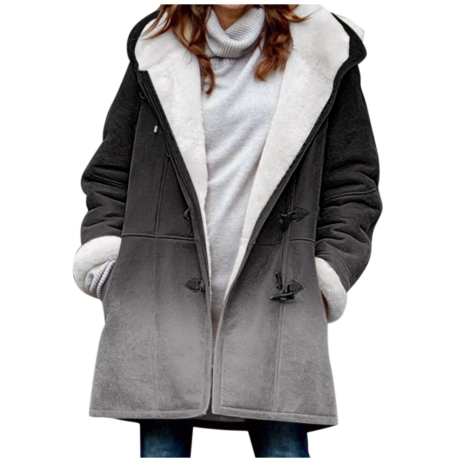 Plus Size Women's Hooded Fleece Jacket - Oversized Casual Fuzzy Gradient Coat with Button Closure for Winter (Black, XXXXL) | Warm & Cozy Outerwear for Cold Weather, Streetwear Fashion, and Everyday Comfort