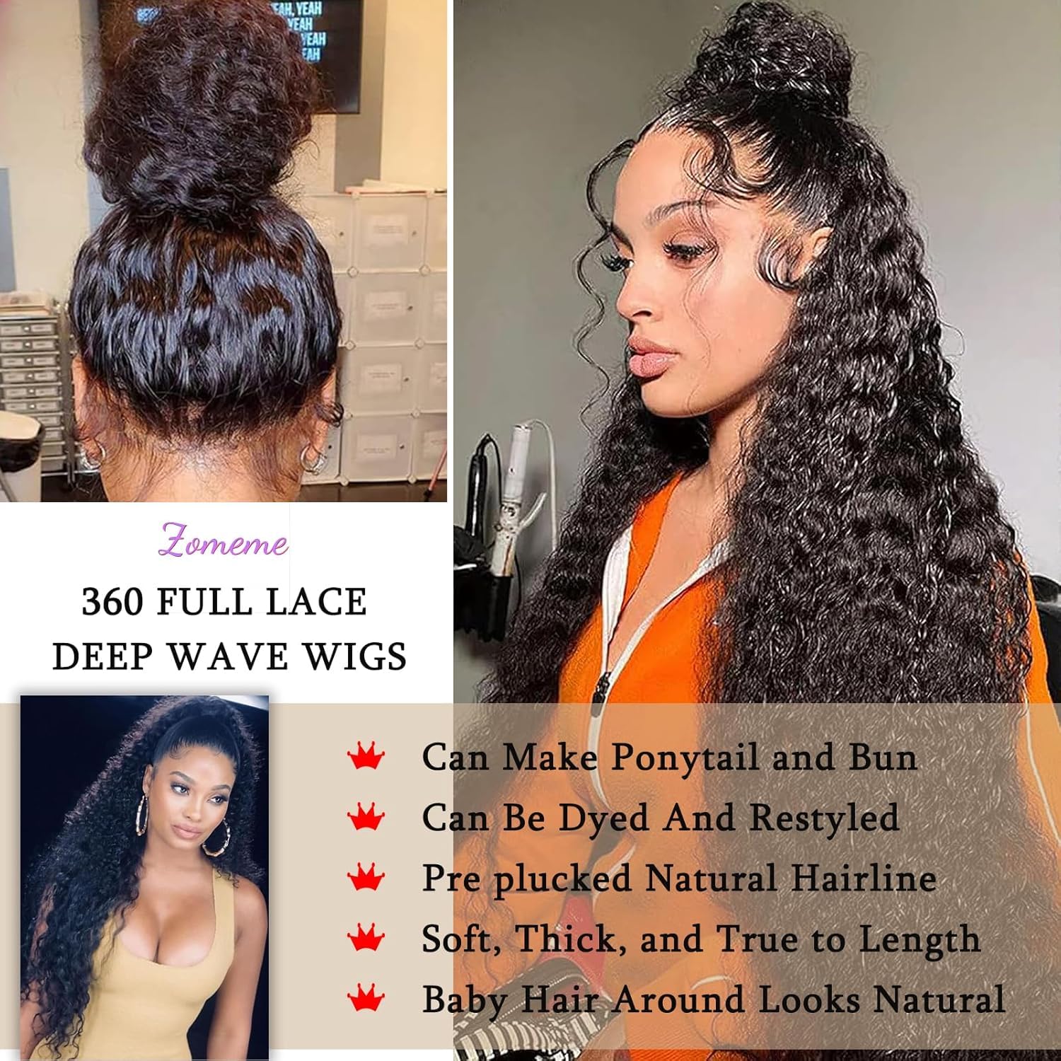 360 Lace Front Wigs Human Hair Deep Wave - 22 Inch HD Full Lace Wigs with Baby Hair & Pre Plucked Hairline | Natural Black Color | Perfect for Daily Wear, Parties, Cosplay & Special Occasions