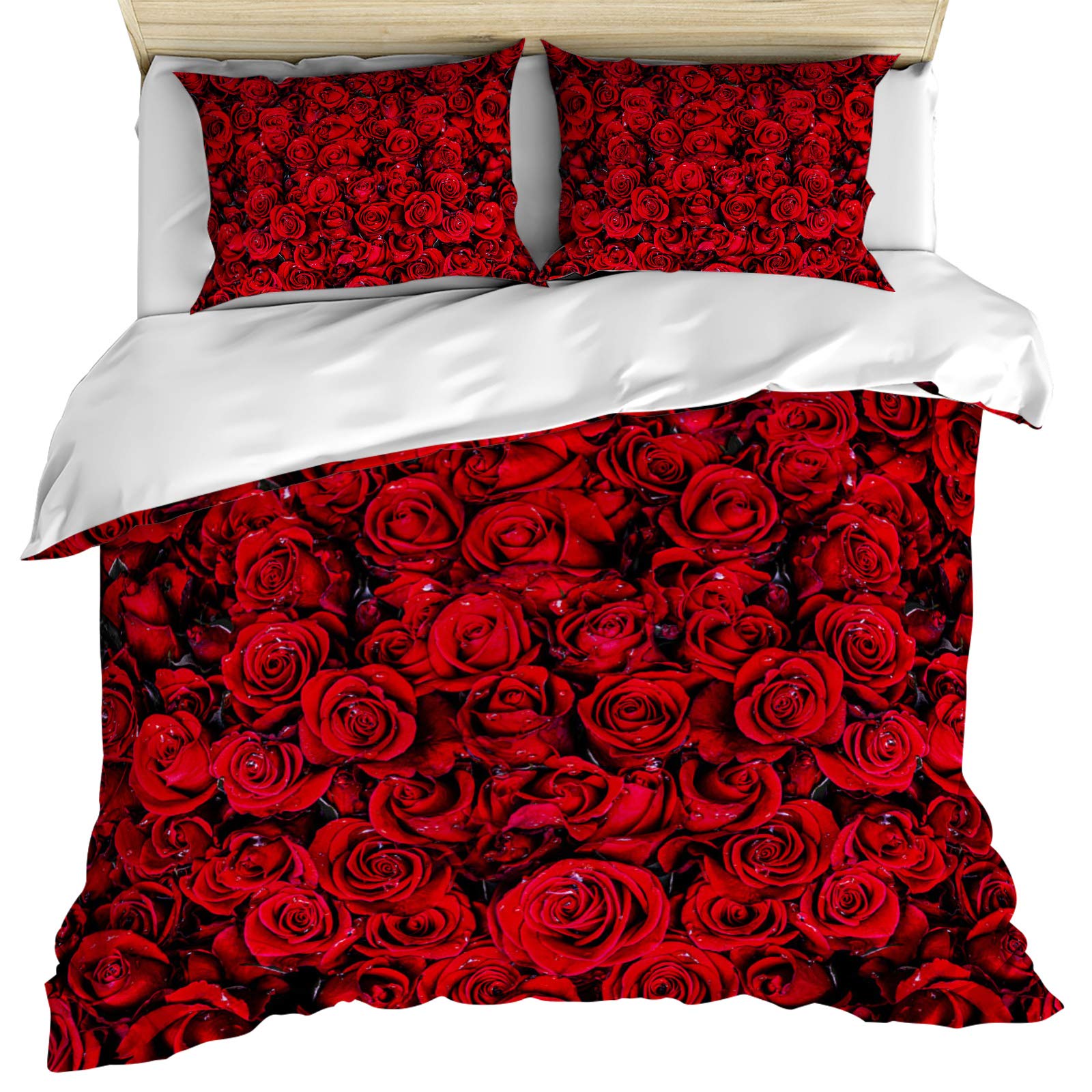Luxury Rose Floral Duvet Cover Set Twin Size - 3 Piece Valentine's Day Bedding with Pillow Shams | Soft Red Cotton Quilt Cover for Romantic Bedroom Decor | Machine Washable & Cozy Comfort | Perfect for Anniversary Gifts, Master Bedroom, and Guest Room Styling