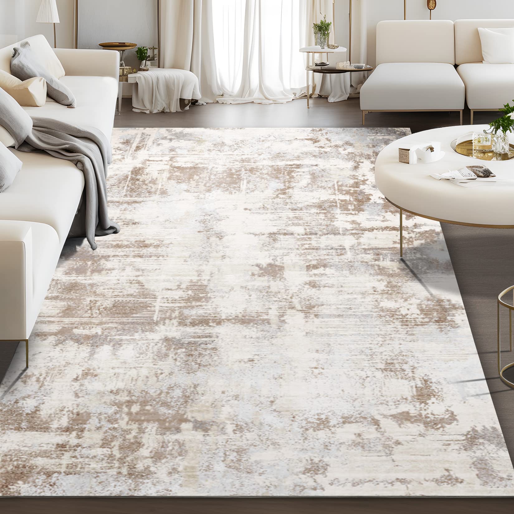 8x10 Fluffy Area Rug - Soft Abstract Plush Carpet for Living Room, Bedroom, Kitchen & Nursery - Washable Indoor Accent Rug for Home & Office Decor (Beige) - Perfect for Cozy Spaces & High-Traffic Areas
