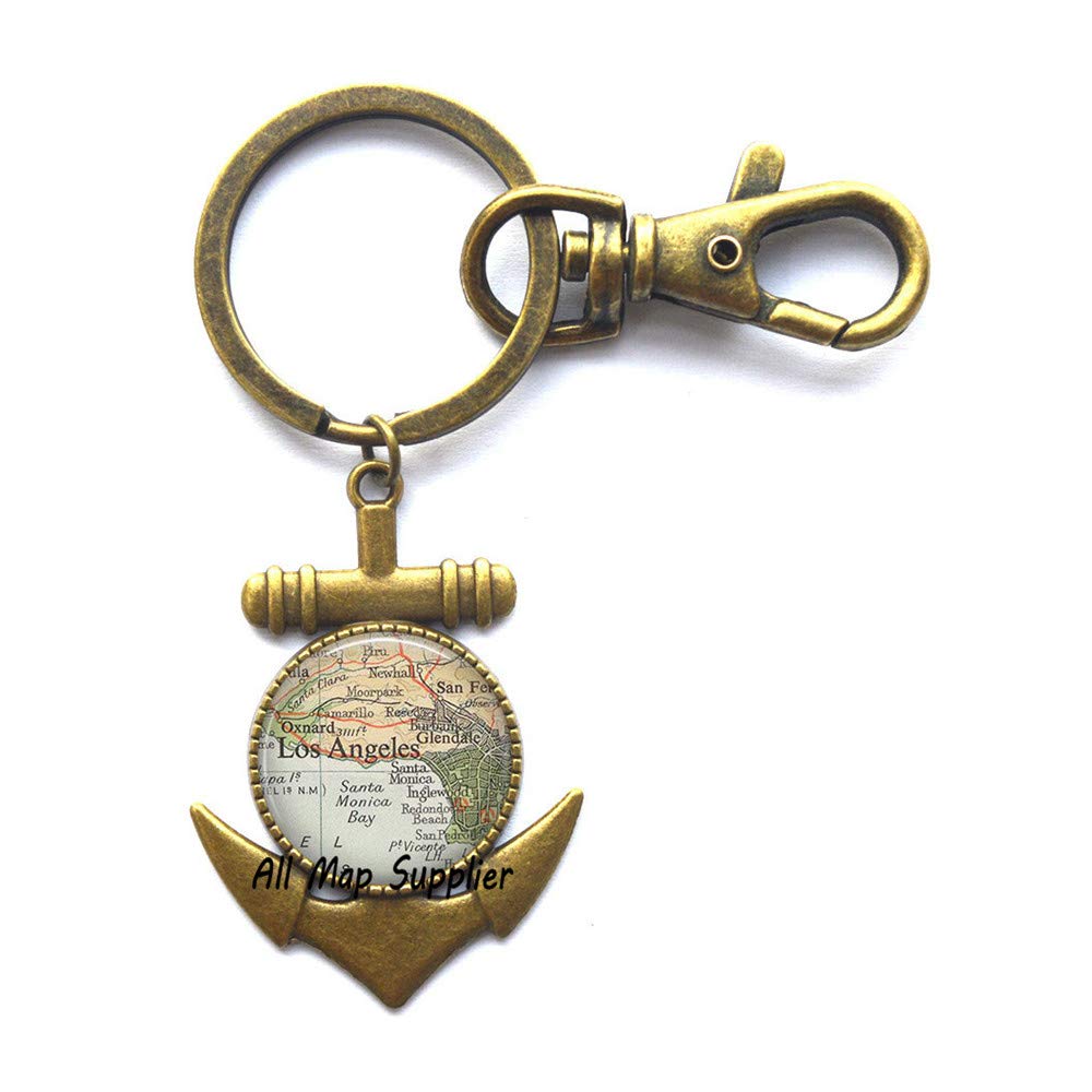 Los Angeles Map Anchor Keychain - Stylish Jewelry Gift for Travel Lovers, Perfect for Santa Monica, Glendale, Burbank & Oxnard Souvenirs - A0293 (2) - Ideal for Beach Trips, Key Rings & Coastal Decor