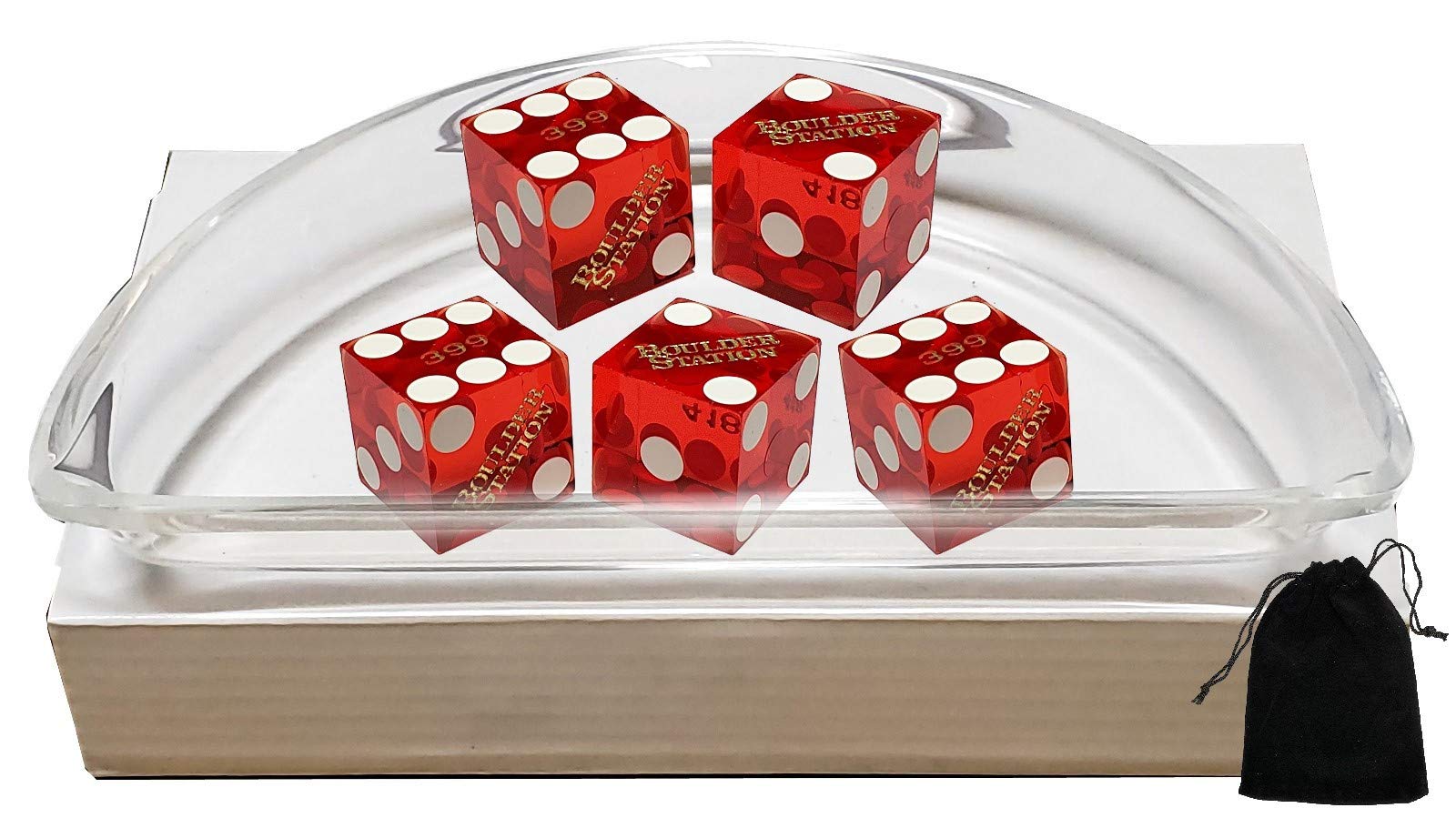 Premium Set of 5 Las Vegas Style 19mm Casino Craps Dice with Clear Acrylic Dice Boat & Black Velvet Pouch - Boulder Station Red Polished - Perfect for Casino Games, Gambling Enthusiasts, and Home Poker Nights