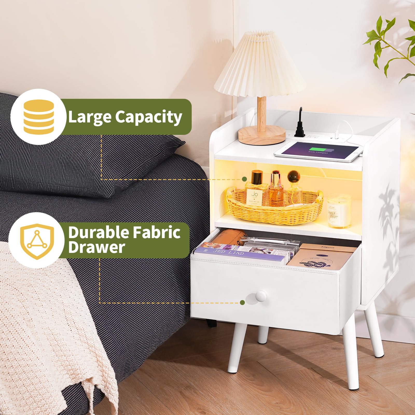 Yoobure Modern Nightstand with Charging Station & LED Lights - Wooden Bedside Table with USB Ports, Fabric Drawer & Storage Shelf - Perfect for Bedroom, Office, Home Decor (Night Stand with Convenient Charging & Stylish Lighting)