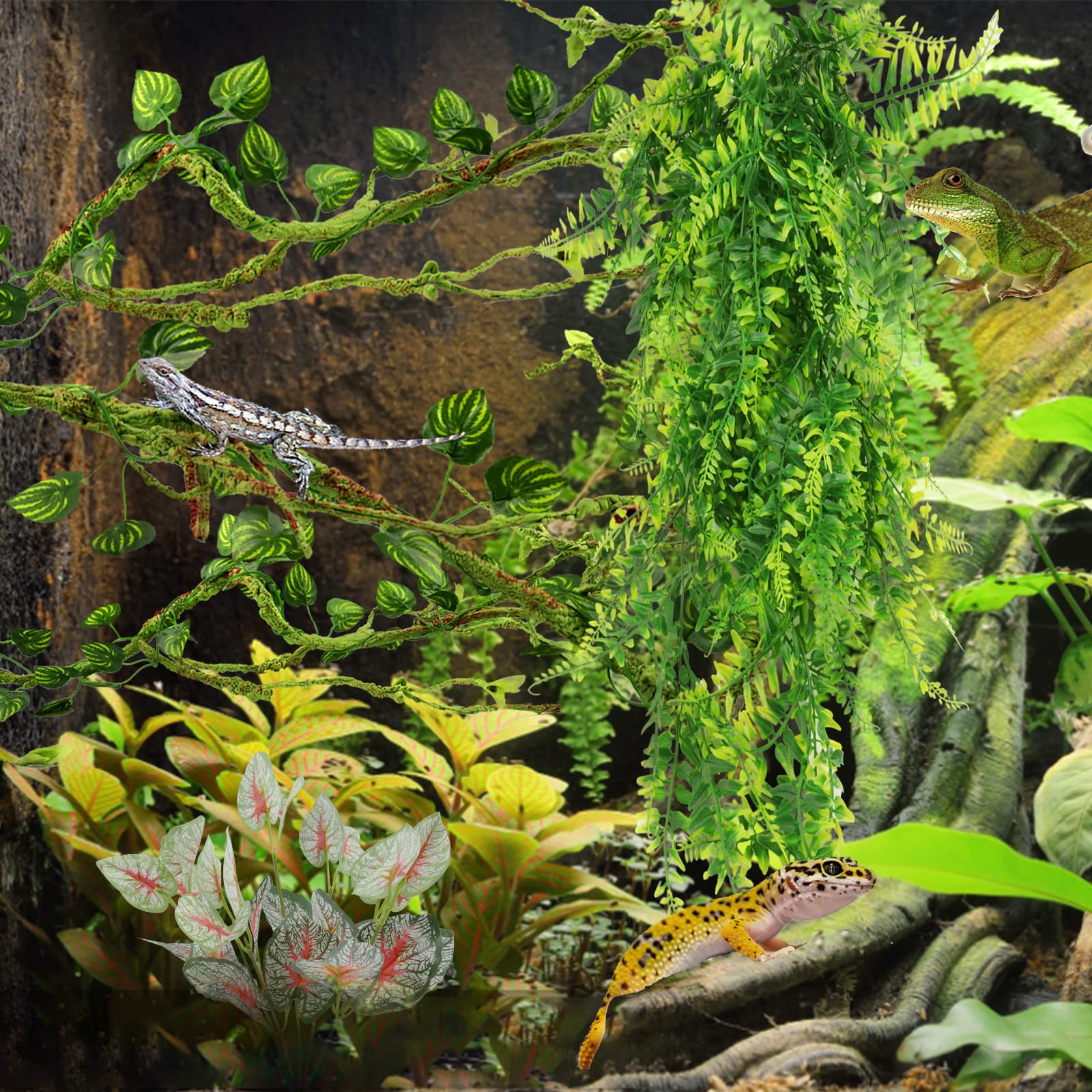 Artificial Reptile Plants & Terrarium Hanging Vines - Realistic Fake Leaves for Leopard Gecko, Bearded Dragon, Snake & Chameleon Habitats - Durable Terrarium Decorations & Hide Accessories - Perfect for Jungle-Themed Vivariums & Reptile Tank Setups