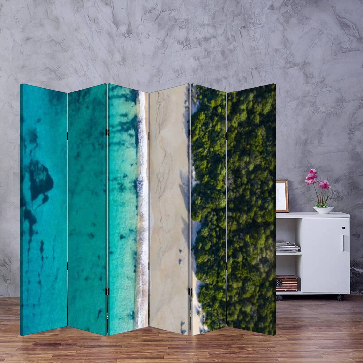 6-Panel Wooden Room Divider Folding Screen - Privacy Partition with Dual-Sided Canvas for Indoor Spaces | Beach-Themed Wall Decor & Display Shelves | Perfect for Home Office, Bedroom Separation, and Studio Privacy