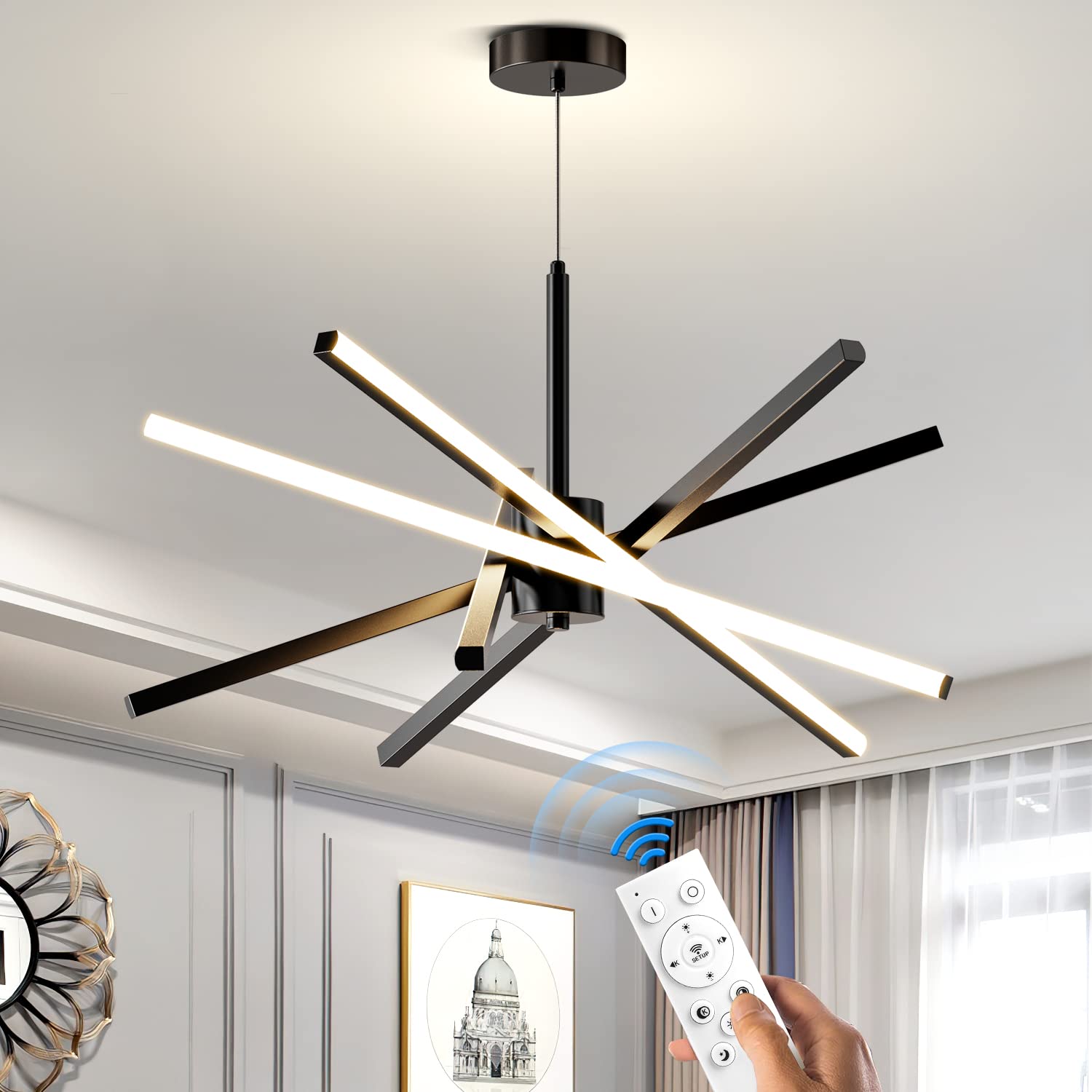 Modern Sputnik Chandelier 82W LED Gold Pendant Light - 31.5 Inch Dimmable Ceiling Fixture with Remote Control | Perfect for Dining Room, Living Room, Kitchen & Bedroom | Elegant Lighting Over Table for Home Decor
