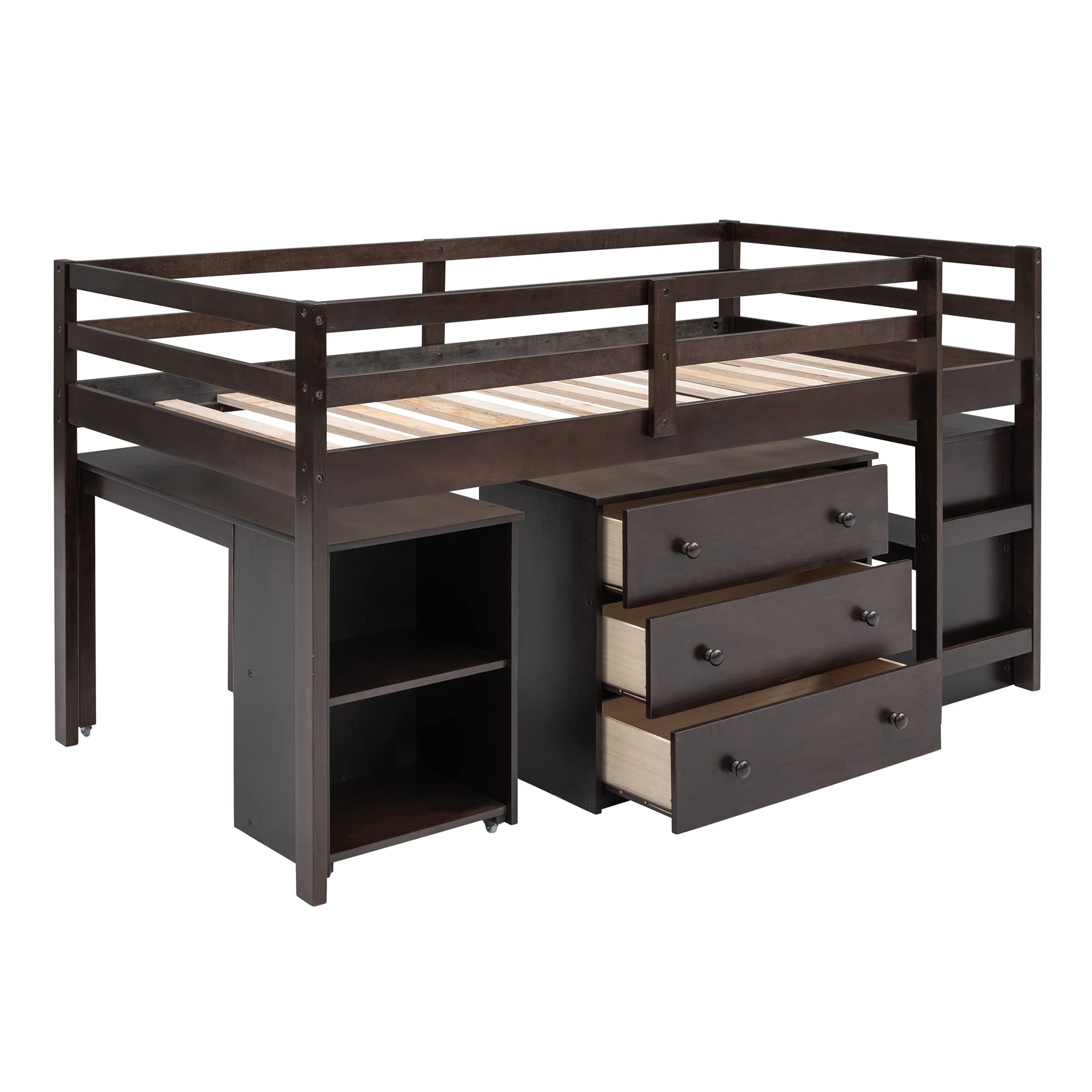 P PURLOVE Twin Size Wooden Loft Bed with Rolling Desk & Cabinet - Space Saving Study Bunk Bed Frame for Kids Bedroom, Living Room (Espresso Finish) - Perfect for Small Spaces, Dorm Rooms & Sleepovers
