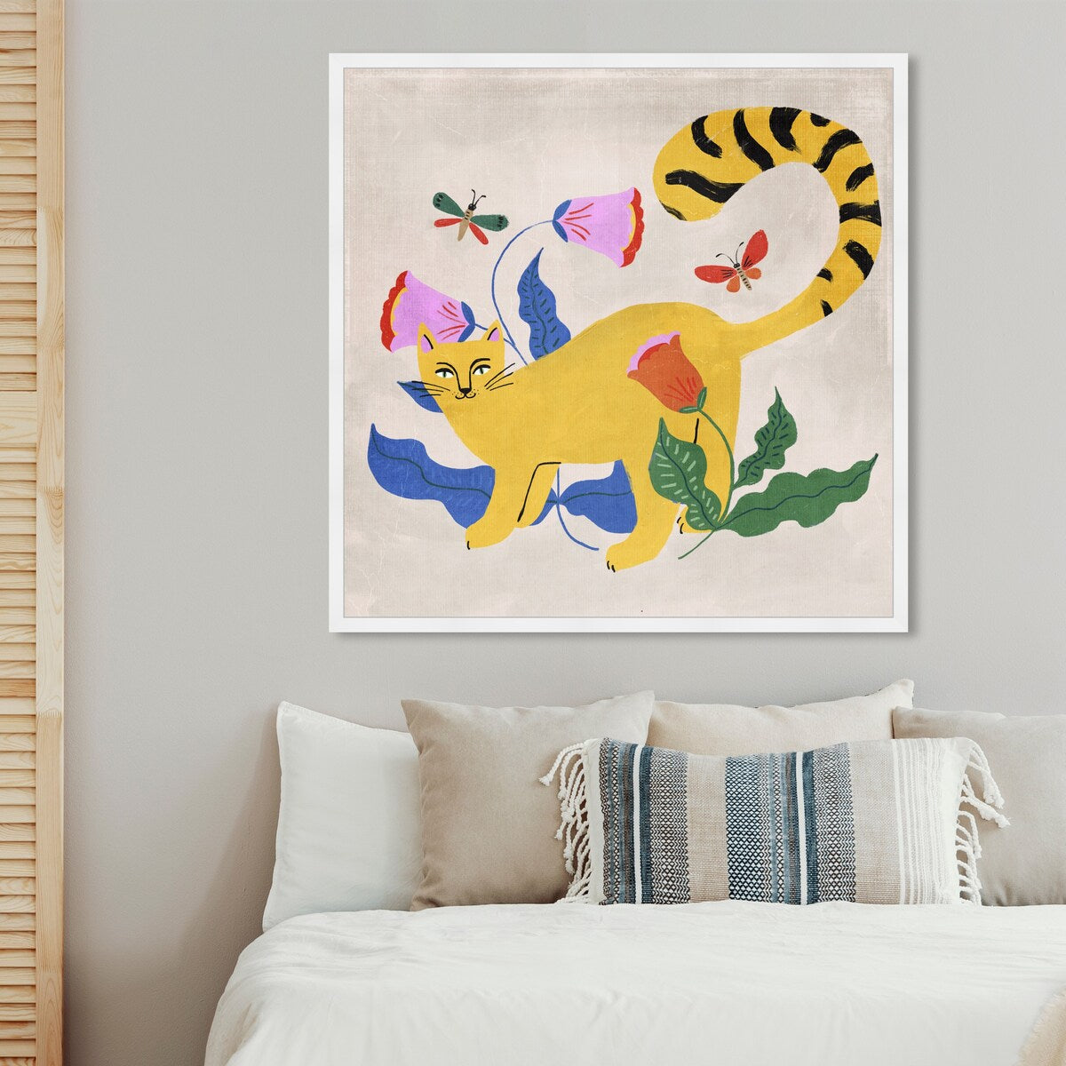 Blonde Tabby Floral Kitten Butterfly Garden Modern Yellow Framed Wall Art Print - Home Decor for Bedroom, Living Room & Nursery | Perfect Gift for Cat Lovers