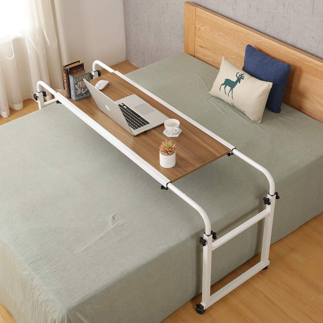 Adjustable Overbed Laptop Desk with Wheels - Rolling Bed Table for King/Queen Size Beds - Portable Workstation in Ancient Oak Finish - Perfect for Home Office, Hospital Use, and Bedside Computing