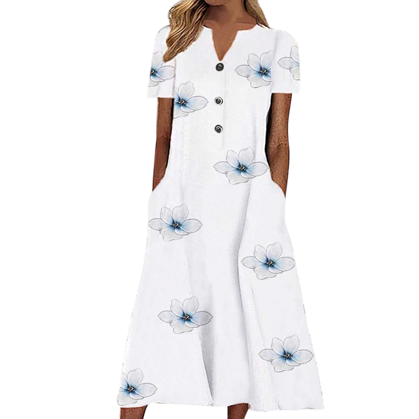 Women's V-Neck Short Sleeve Button Print T-Shirt Midi Dress - Casual Loose Flowy Sundress for Summer, Beach, Vacation & Everyday Wear