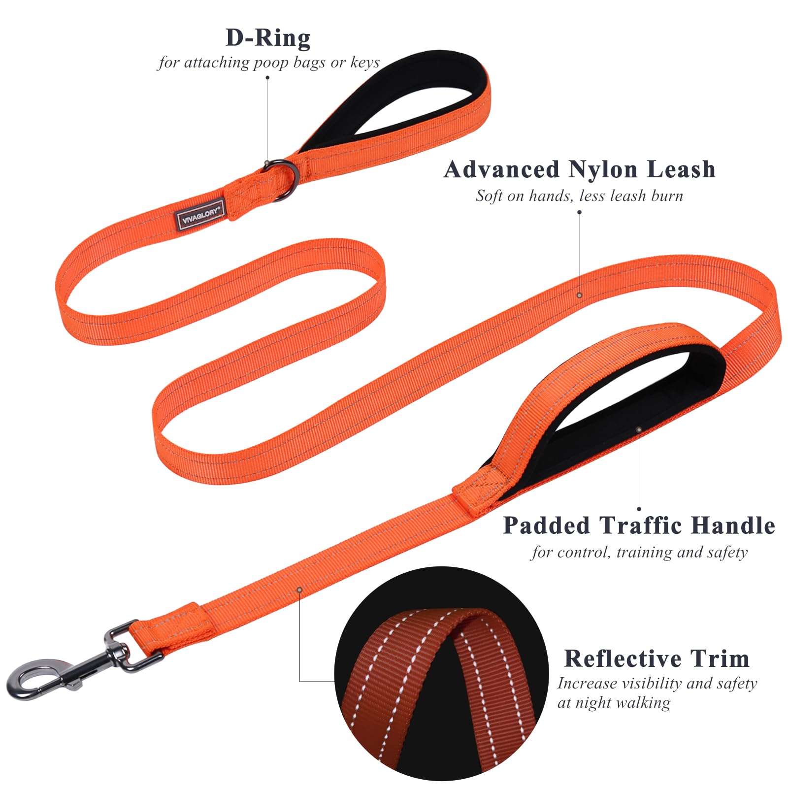 VIVAGLORY Heavy Duty Reflective Dog Leash with Dual Padded Handles - Strong Metal Hook Training Lead for Large Dogs (Orange) - Perfect for Walking, Running & Nighttime Safety