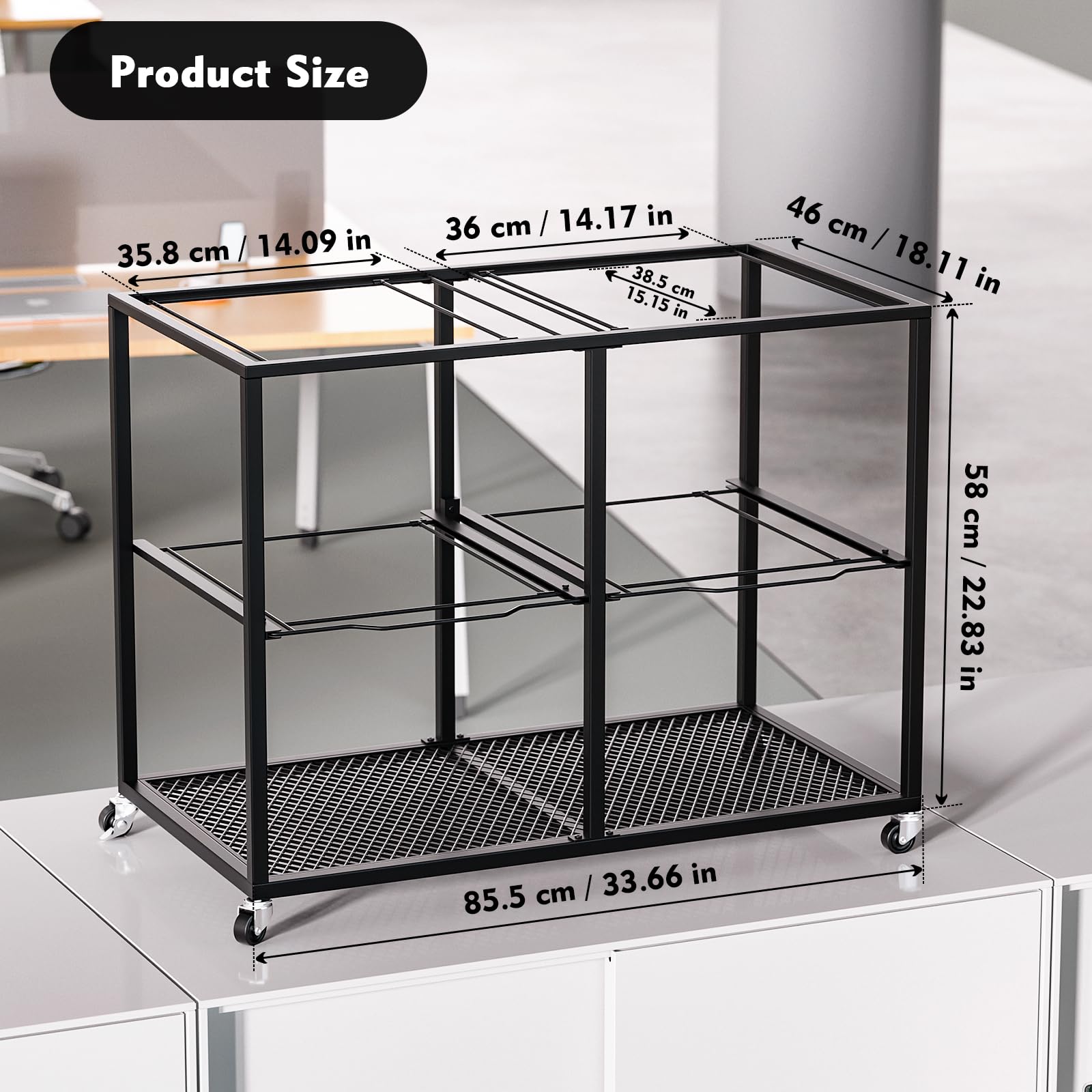 2-Tier Steel Wire File Cart with Wheels - Hanging & Pull-Out File Organizer, Movable Rolling File Cabinet for Office (33.66x18.11x25 in) - Perfect for Document Storage, Office Organization & Mobile Filing Systems