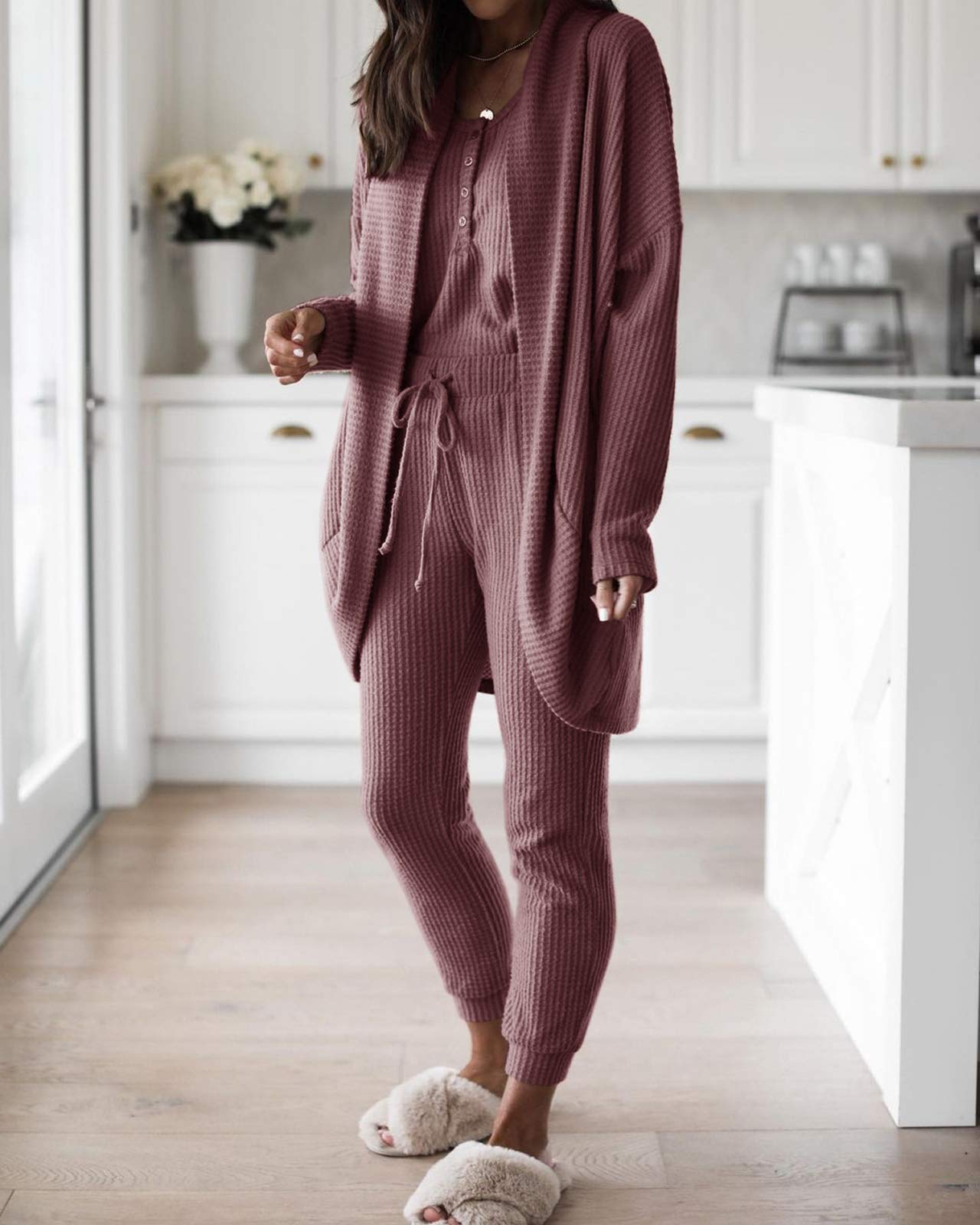 Fessceruna Women's Waffle Knit 3-Piece Lounge Set - Pajama Tank Top, Long Sleeve Cardigan & Pants - Soft Loungewear Outfit for Home, Sleep & Relaxation