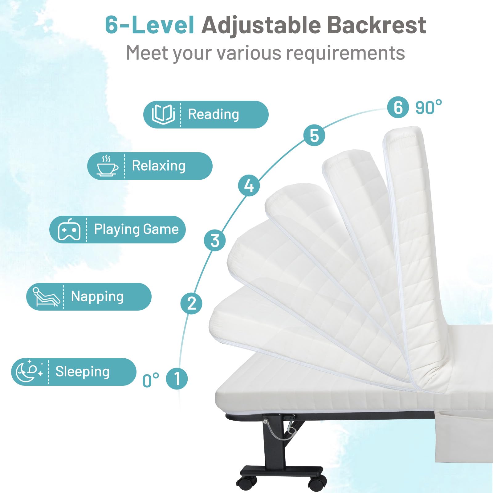KOMFOTT Folding Rollaway Bed with Mattress for Adults & Guests - 6 Position Adjustable Backrest, Reinforced Steel Frame, Side Storage Pocket (75.5