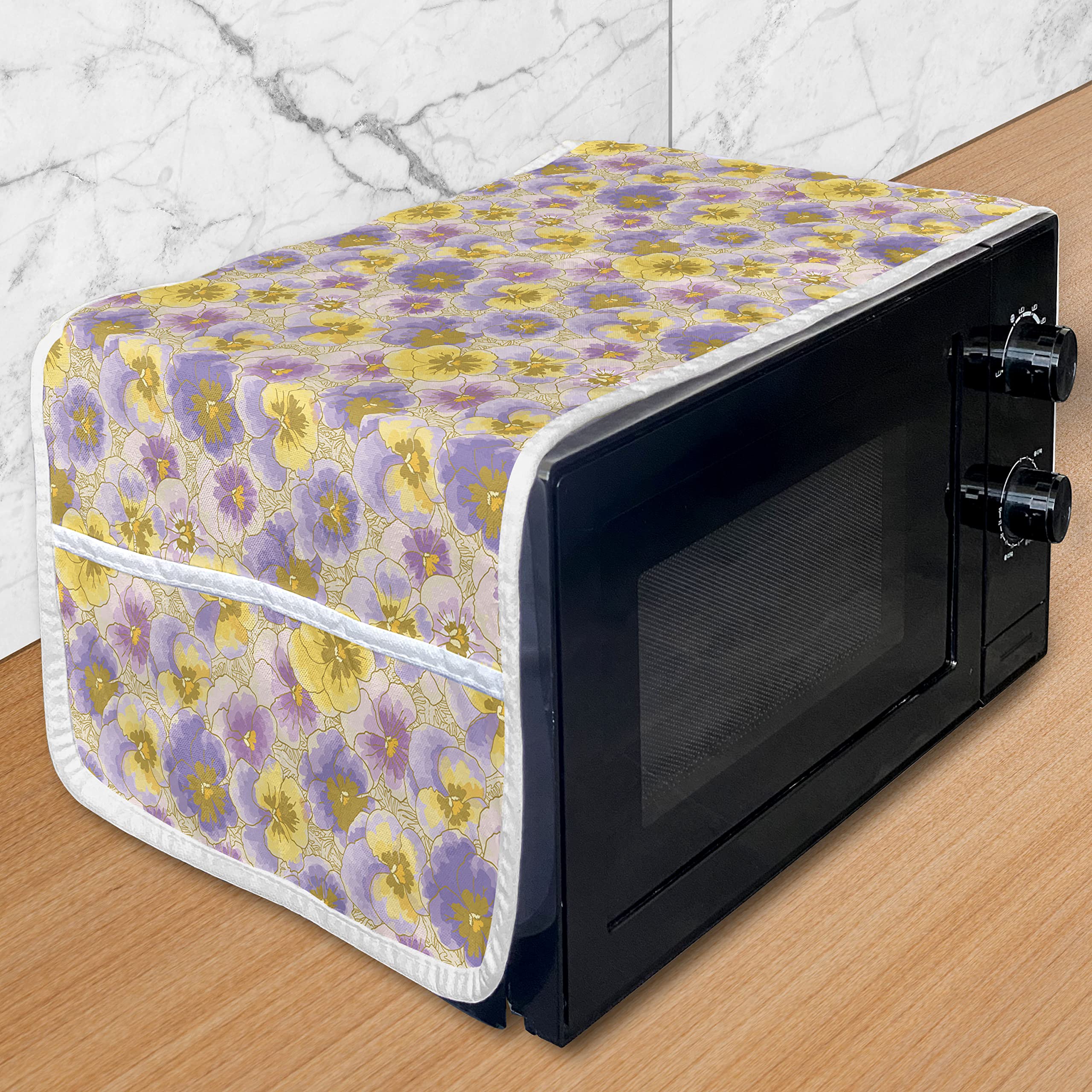 Ambesonne Floral Microwave Cover - Hand-Painted Pansy Flowers Watercolor Design, Waterproof Kitchen Organizer with Pockets, 36