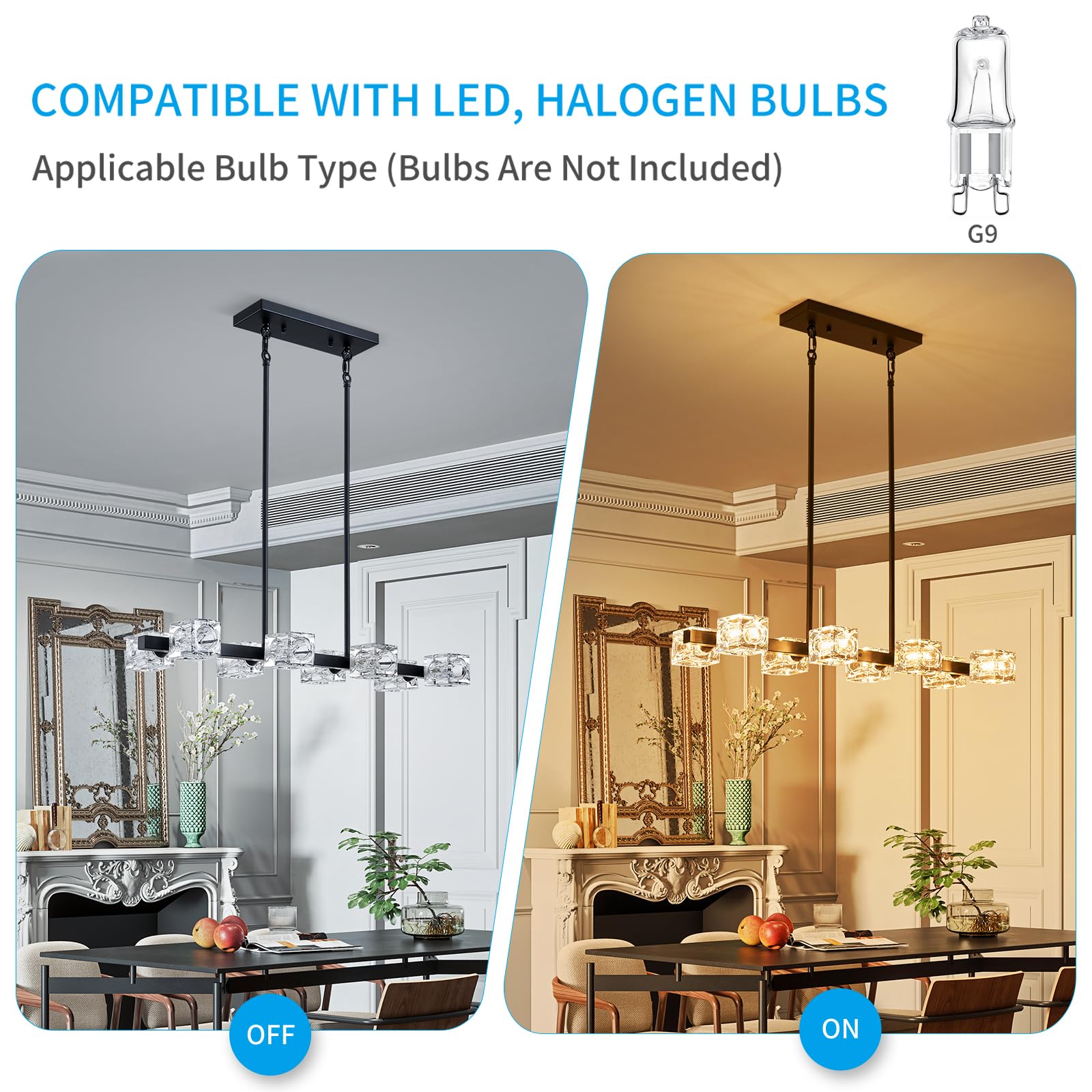 Modern Black Rectangular Linear 8-Light Chandelier - Metal & Glass Farmhouse Lighting Fixture for Dining Room, Kitchen Island, Office & Living Room | Elegant Ceiling Light for Home Decor & Interior Design