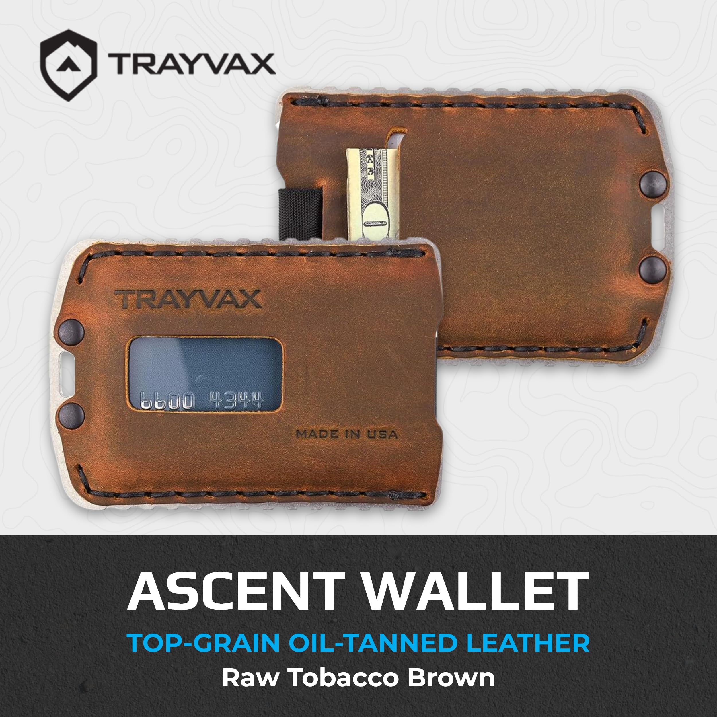 Trayvax Ascent RFID Blocking Front Pocket Wallet - Slim Leather & Metal Minimalist Wallet for Men & Women - Raw Tobacco Brown - Perfect for Travel, Everyday Carry & Secure Credit Card Storage