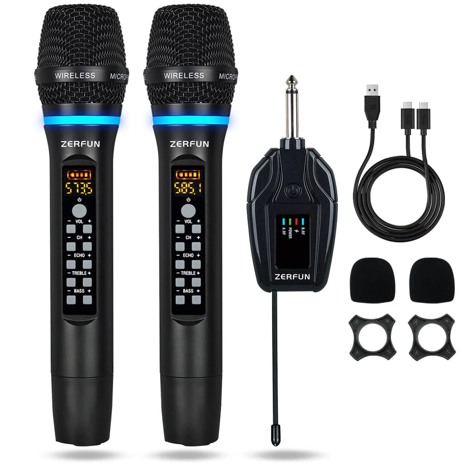 Professional UHF Dual Wireless Microphone System - Rechargeable Cordless Mic with VOL, Channel, Echo, Treble & Bass Control, 1/4