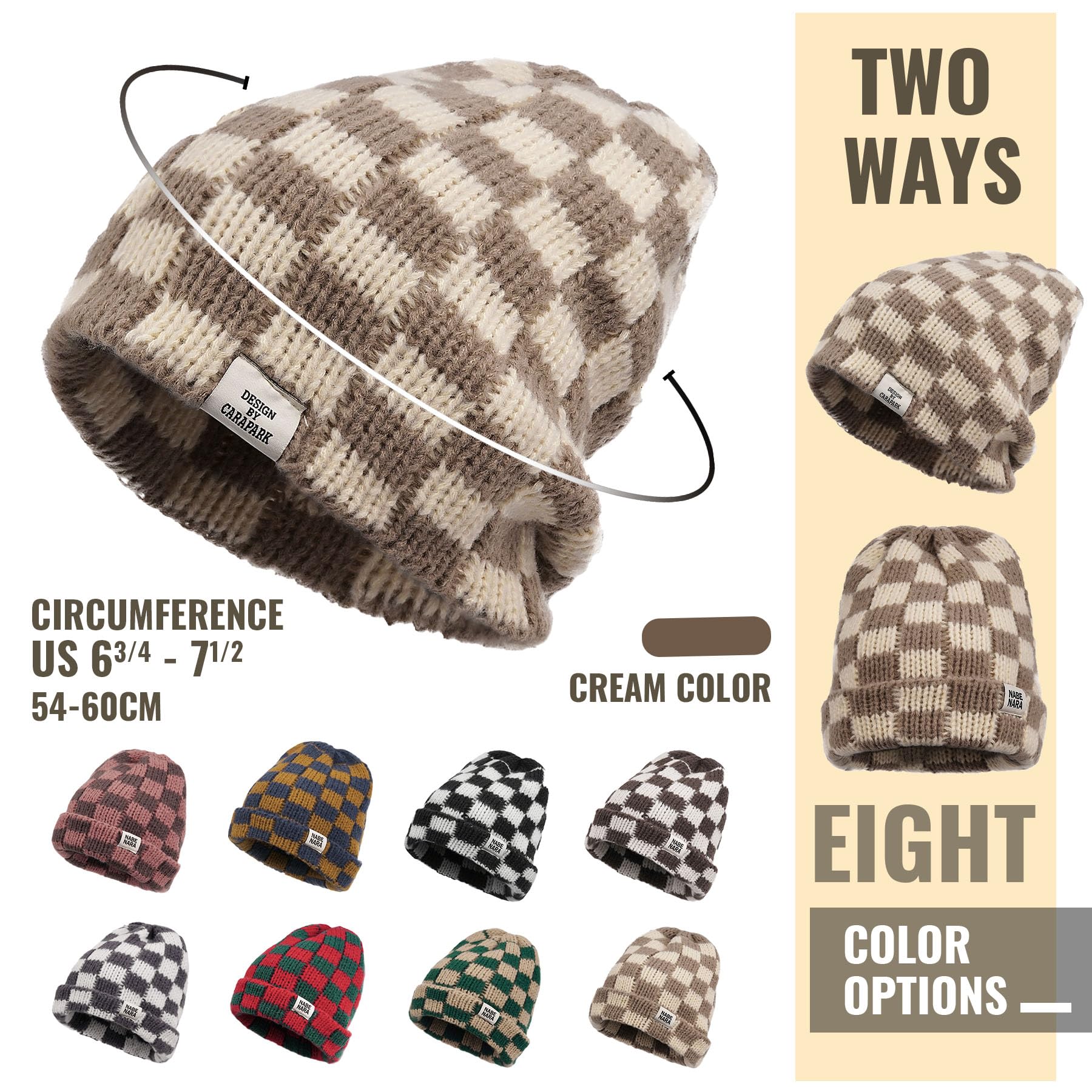 Clakllie Checkered Beanie for Women & Men - Slouchy Winter Knit Hat with Cuffed Design - Warm Unisex Skull Cap for Skiing, Snowboarding & Everyday Cold Weather Wear