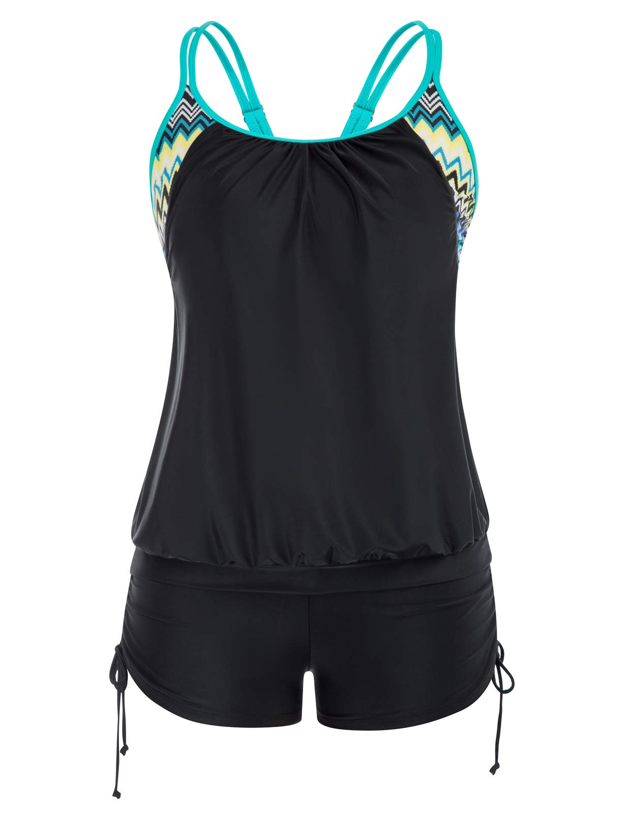 Hanna Nikole Women's Plus Size Striped Printed Strappy Tankini Top with Shorts - 2 Piece Swimsuit for Beach, Pool & Summer Vacation