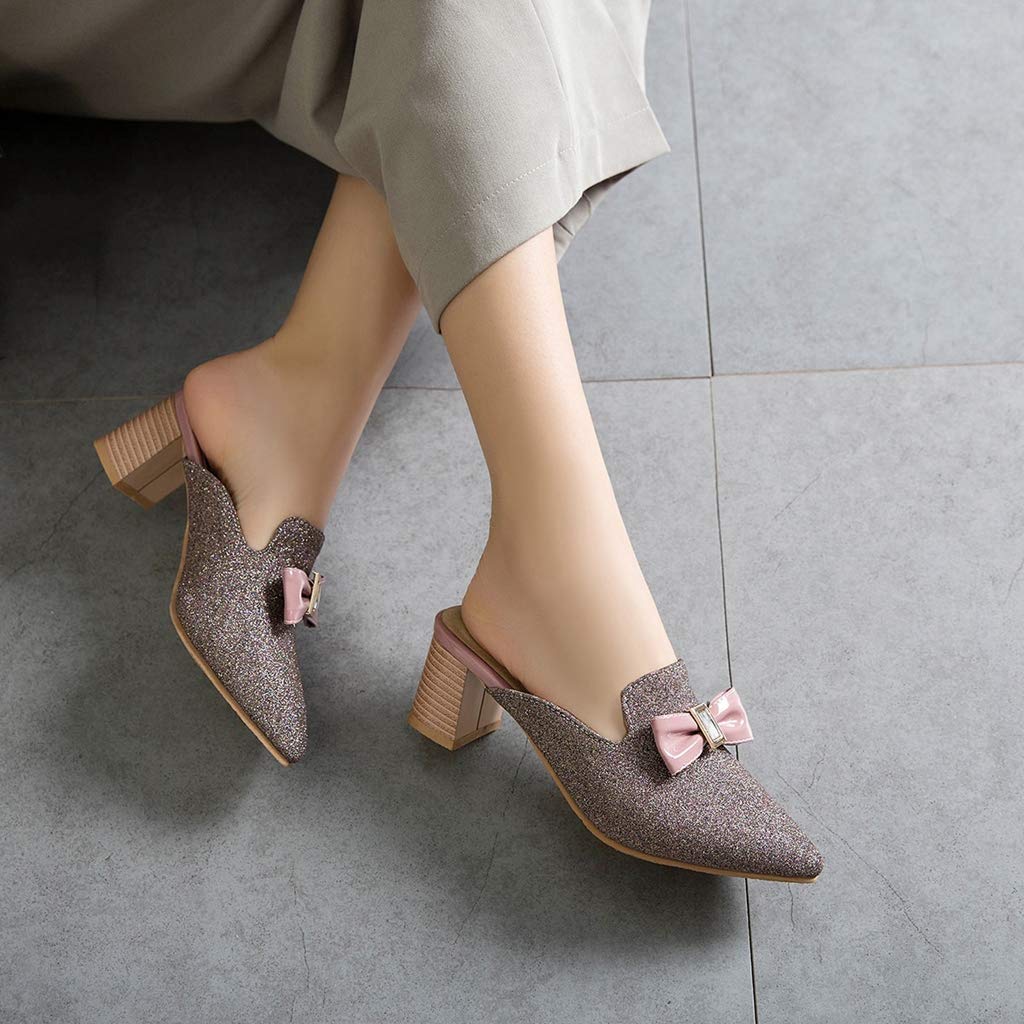 Mioke Women's Pointed Toe Bow Mules - Slip On Loafers with Glitter Backless Design, Low Block Heel Dress Shoes for Casual Wear, Office & Party Occasions