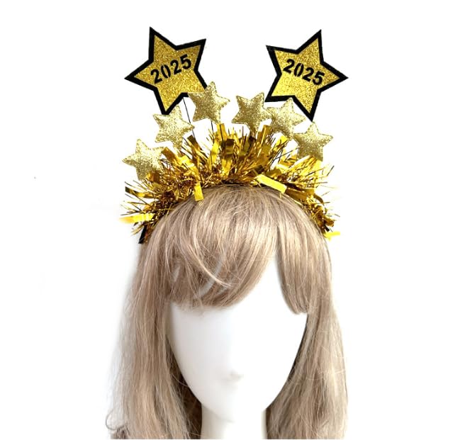 Dusenly 2025 Happy New Year Headband - Gold & Silver Glitter Star Sequins Tiara Hairband for Women | Perfect for NYE Parties, Countdown Events & New Year Celebrations
