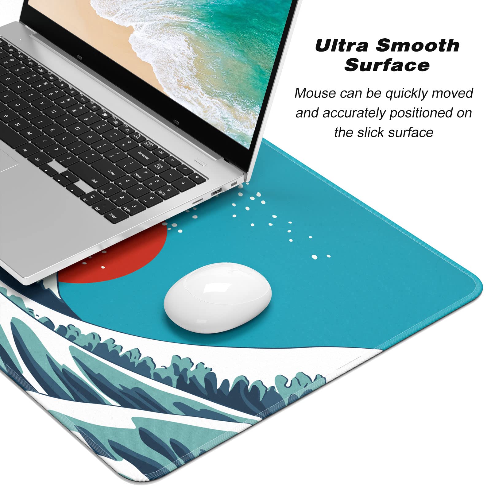 Japanese Wave & Red Sun Extended Gaming Mouse Pad - XL Large 30x14 Inch Waterproof Desk Mat with Stitched Edges & Non-Slip Base for PC, Laptop, Office & Esports Gaming - Perfect for Gamers, Streamers & Anime Fans