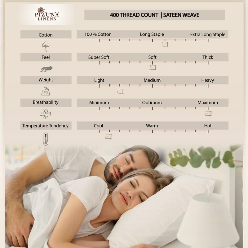 Pizuna Pure 100% Cotton Queen Size Sheets - 400 Thread Count Luxury Sateen Bedding Set with 15