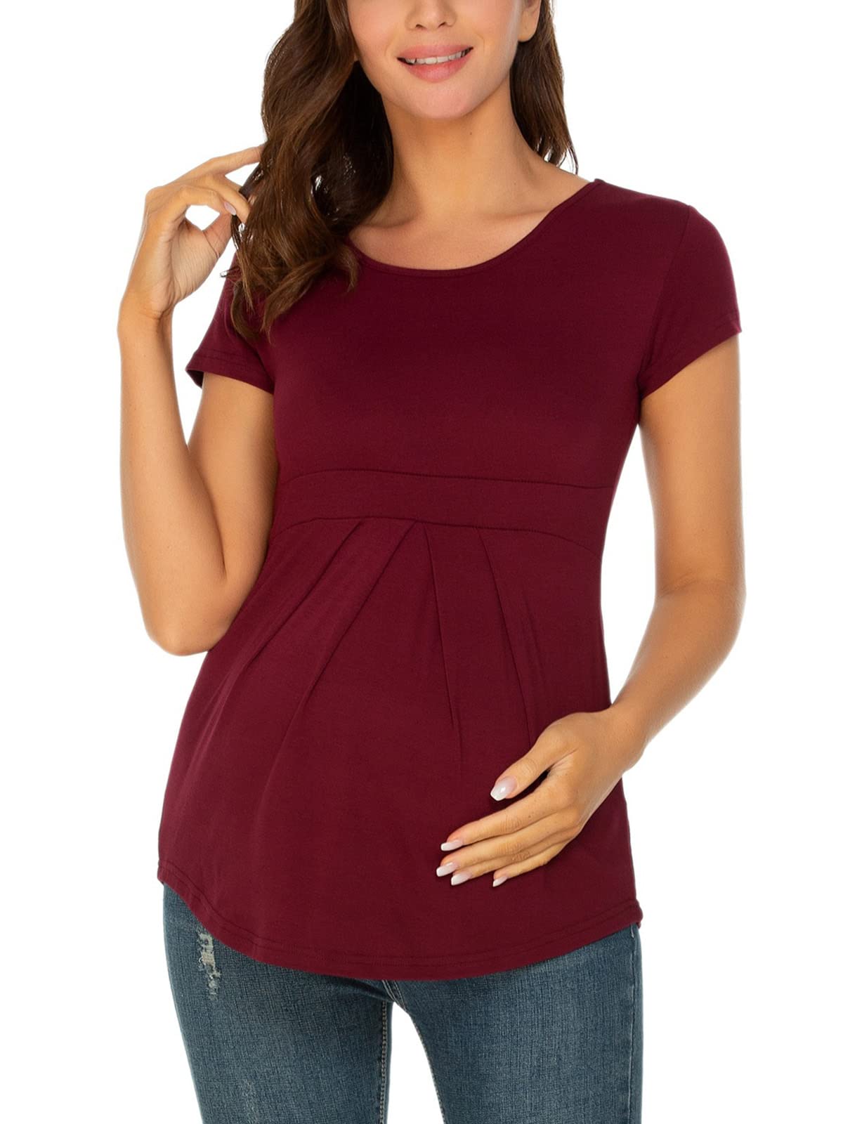 Glampunch Women's Maternity Tops - Short & 3/4 Sleeve Round Neck Peplum Tunic Top with Front Pleat for Pregnancy | Comfortable Nursing Shirts for Work, Casual Wear & Maternity Photos