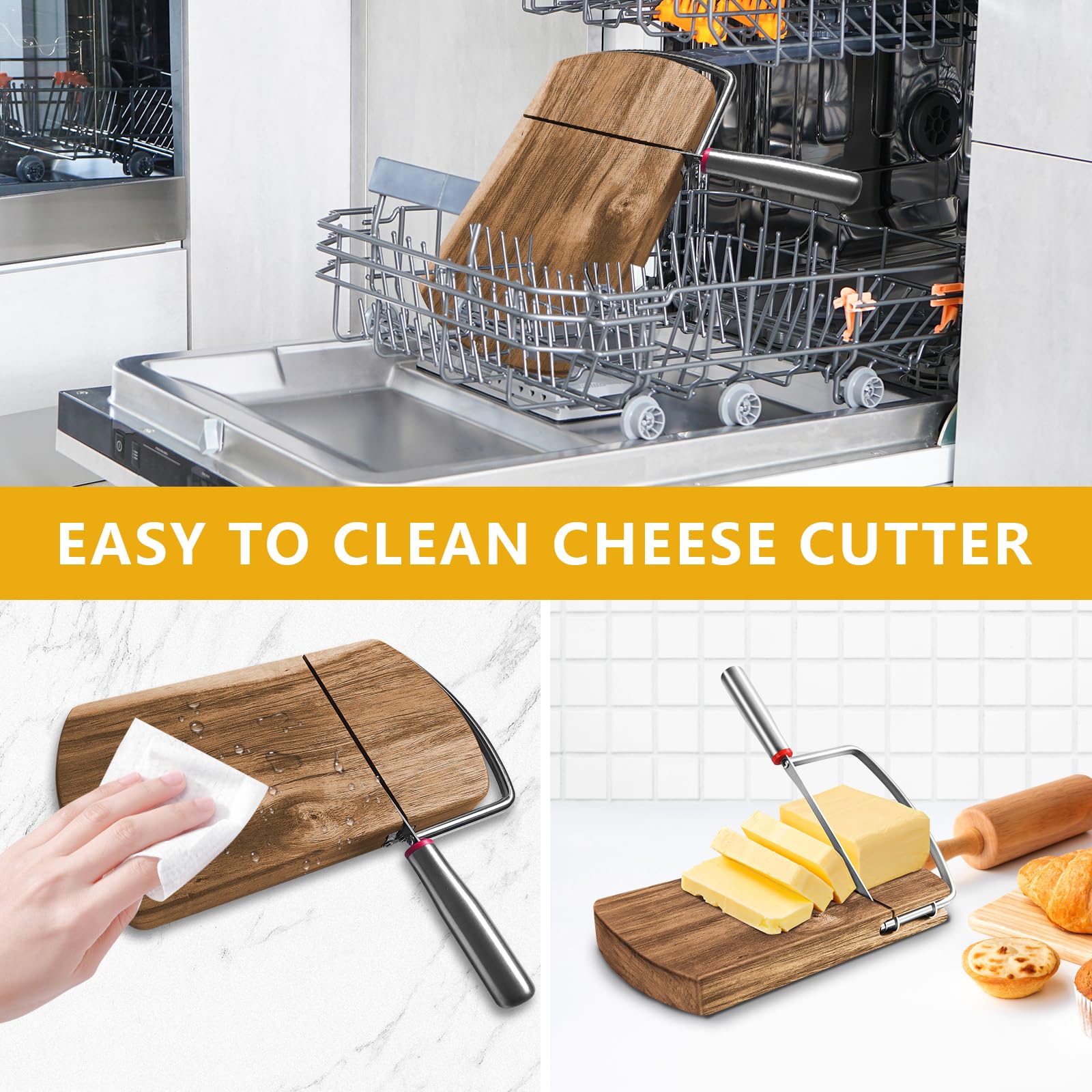 Premium Acacia Wood Cheese Slicer with Stainless Steel Blade - Perfect Cheese Cutter for Block Cheese, Butter & Deli Meats - Effortless Cutting Tool for Charcuterie Boards, Cheese Platters & Kitchen Prep