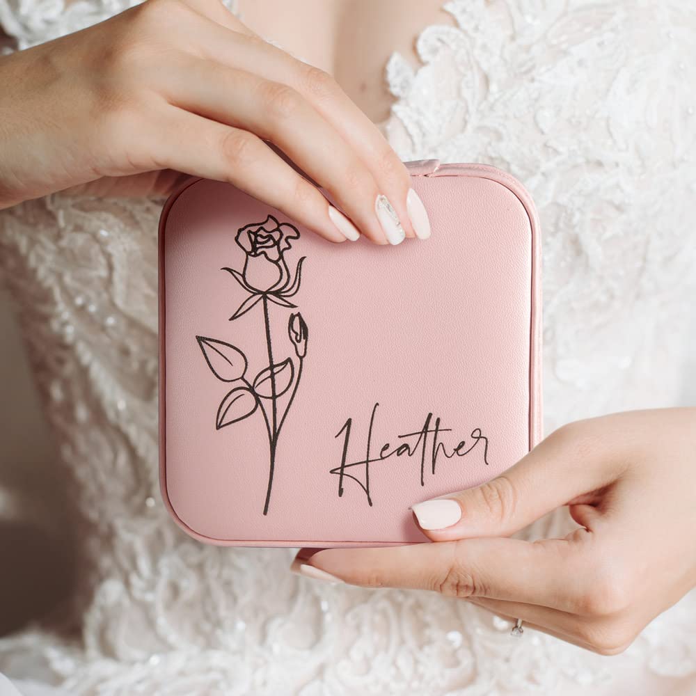 Personalized Birth Flower Jewelry Box for Women - Layered Jewelry Organizer with Name Engraving, Travel Jewelry Case for Earrings, Rings & Necklaces - Perfect Gift for Wedding, Engagement, Birthday (Ideal for Travel, Home Storage & Special Occasions)