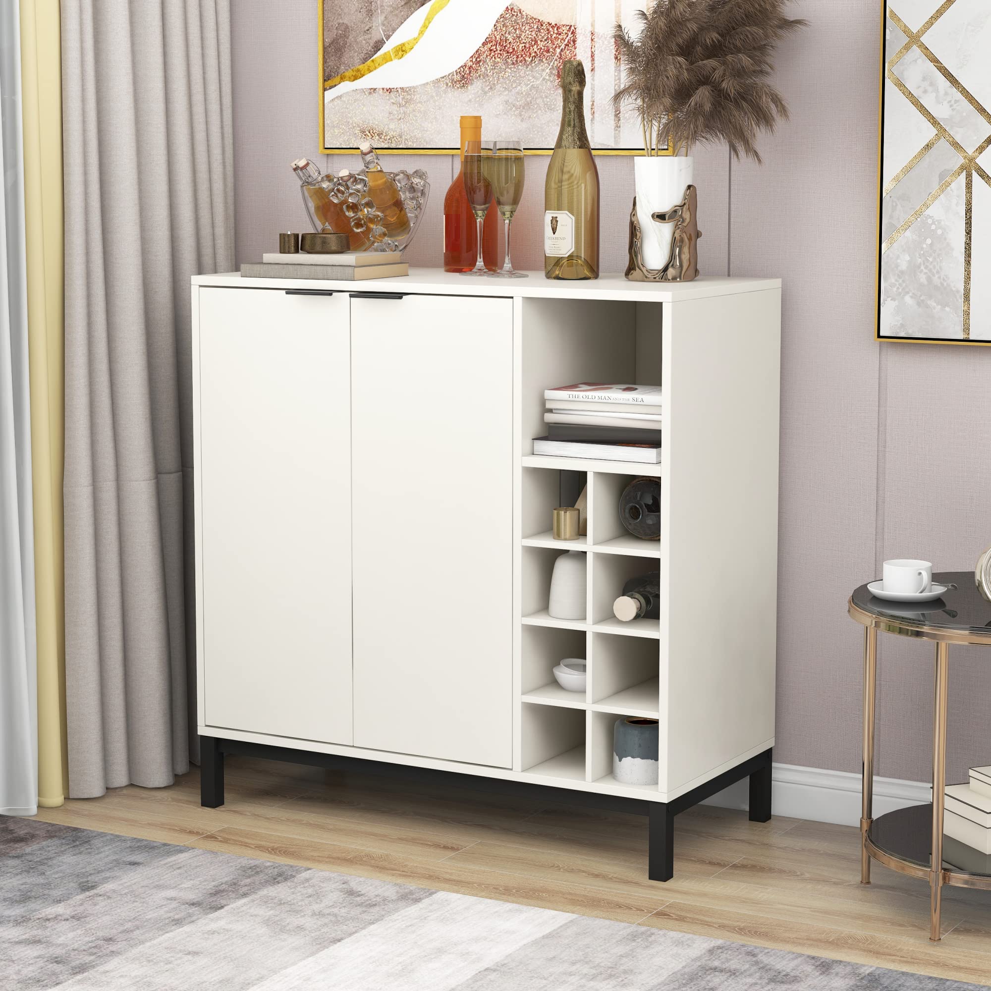 Mid-Century Modern White Wood Bar Cabinet with Wine Racks & Goblet Holders - 2 Door Kitchen Buffet Sideboard for Liquor, Glasses, and Coffee Bar - Perfect for Dining Room, Living Room, or Home Bar Decor