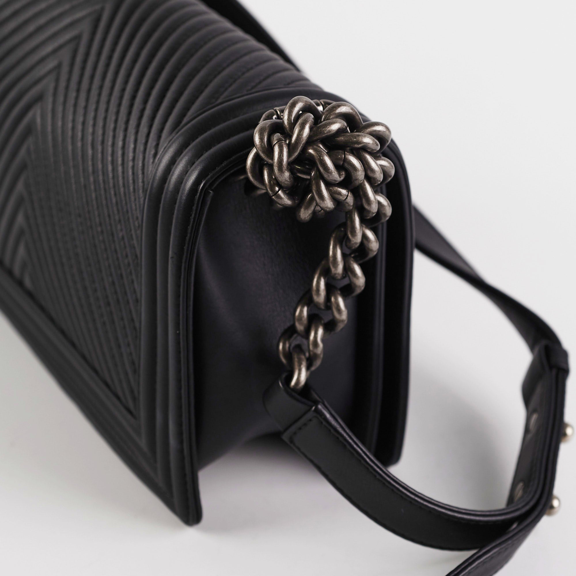 Chanel Old Medium Boy Chevron Black Leather Handbag - Luxury Designer Crossbody Bag for Women | Perfect for Evening Events, Parties & Date Nights