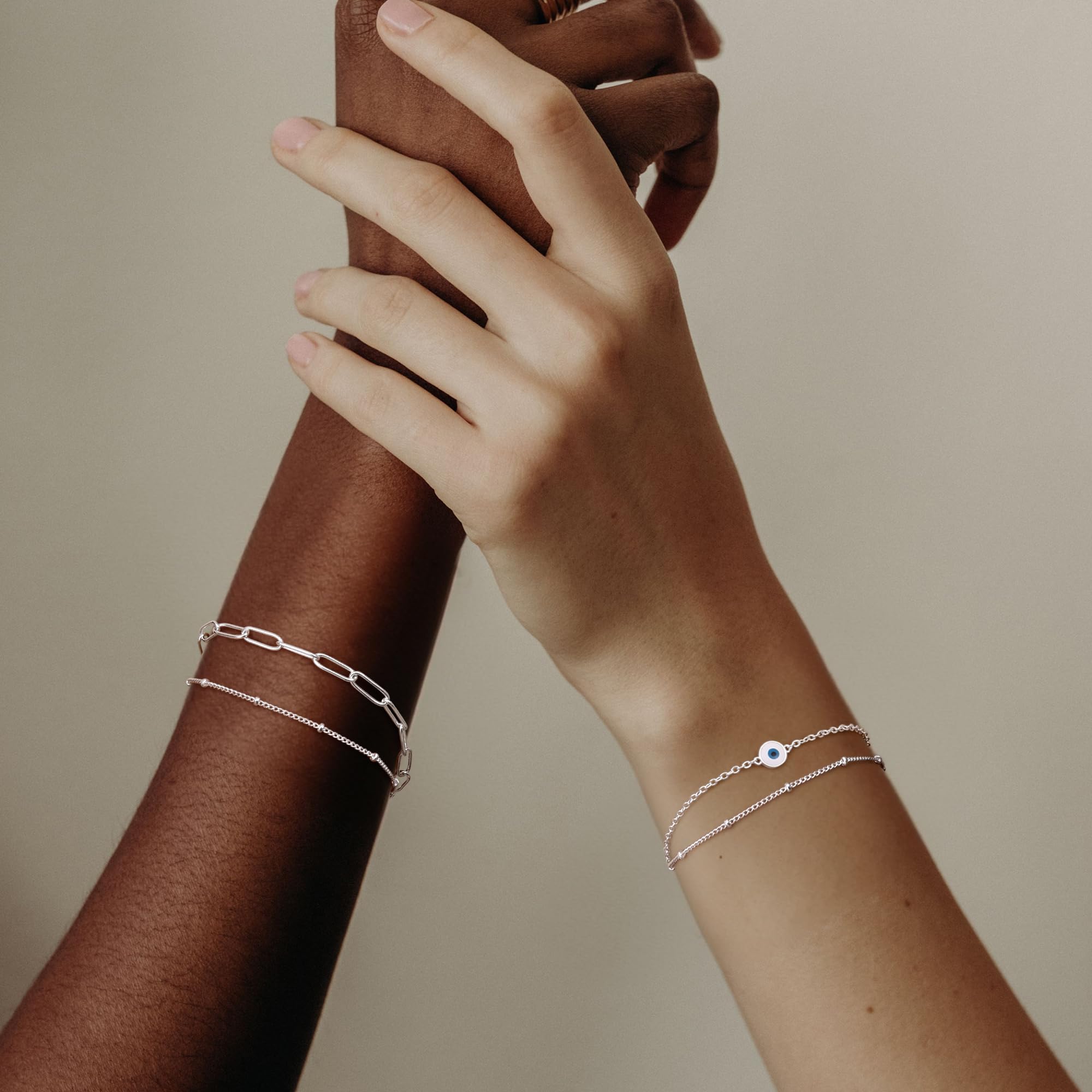 MILACOLATO 925 Sterling Silver Paperclip Chain Bracelet for Women - 14K White Gold Plated, Diamond-Cut Design, Adjustable Layered Satellite Beads - Perfect for Everyday Wear, Gifts & Special Occasions