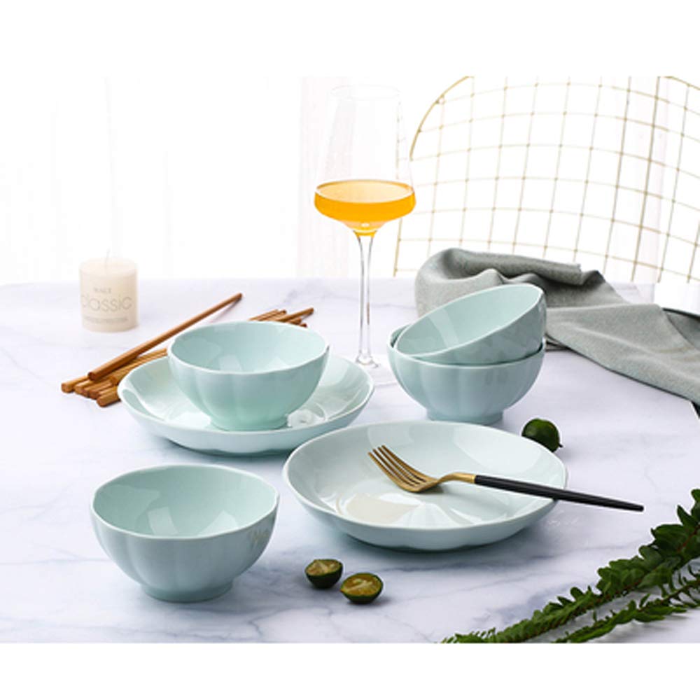 Premium Japanese Style Porcelain Dinnerware Set - 10-Piece Pumpkin Bowls, Soup Bowls & Plates for Asian Cuisine | Elegant Cyan Design | Perfect for Sushi, Ramen, Chinese Food & Home Dining