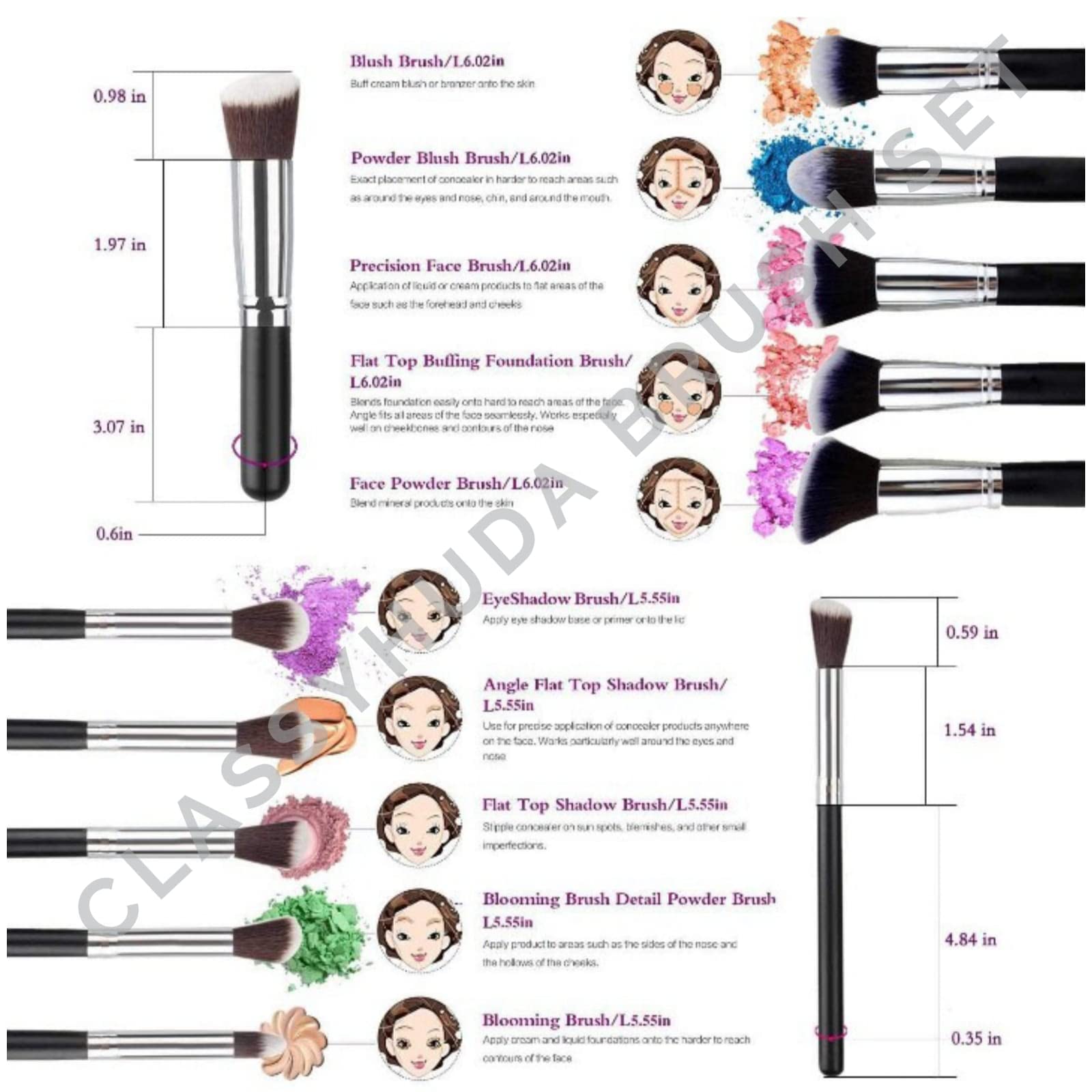 HUDA Professional Fiber Bristle Makeup Brushes Set - 10 Piece Foundation, Face Powder, Blush & Eyeshadow Brush Kit for Flawless Makeup Application | Perfect for Daily Use, Professional Makeup Artists & Travel
