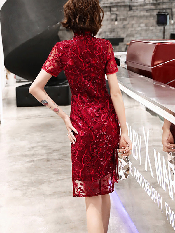Elegant Wine Red Sequins Midi Qipao Cheongsam Wedding Dress for Brides - Perfect for Chinese Tea Ceremony, Engagement Party & Special Occasions