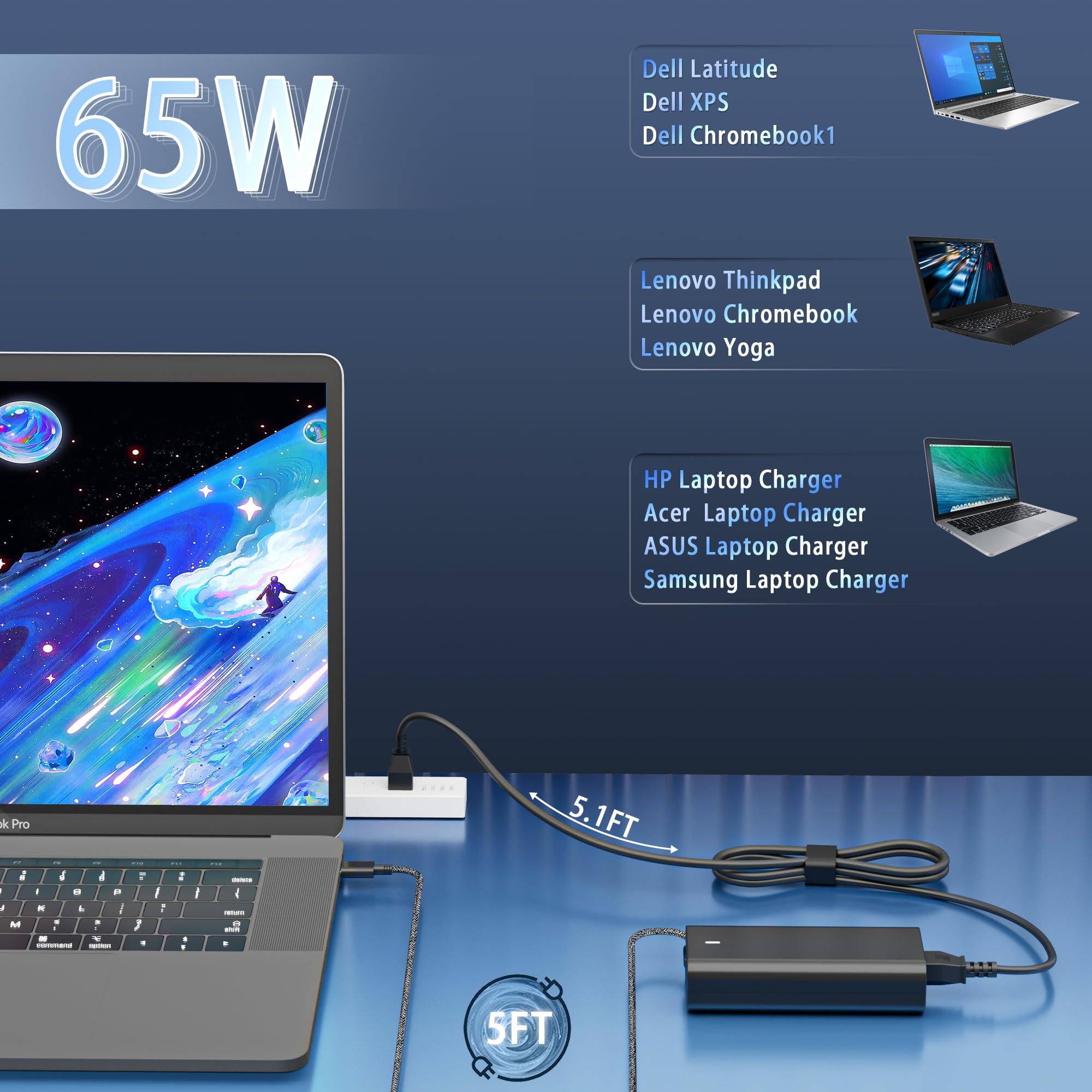 65W USB-C Laptop Charger for Dell Latitude & Inspiron Series | Slim Fast Charging Power Adapter | Compatible with Dell Latitude 5420/5520/5530, Inspiron 14 7425, XPS 13 9350 & More | Perfect for Home, Office & Travel Use